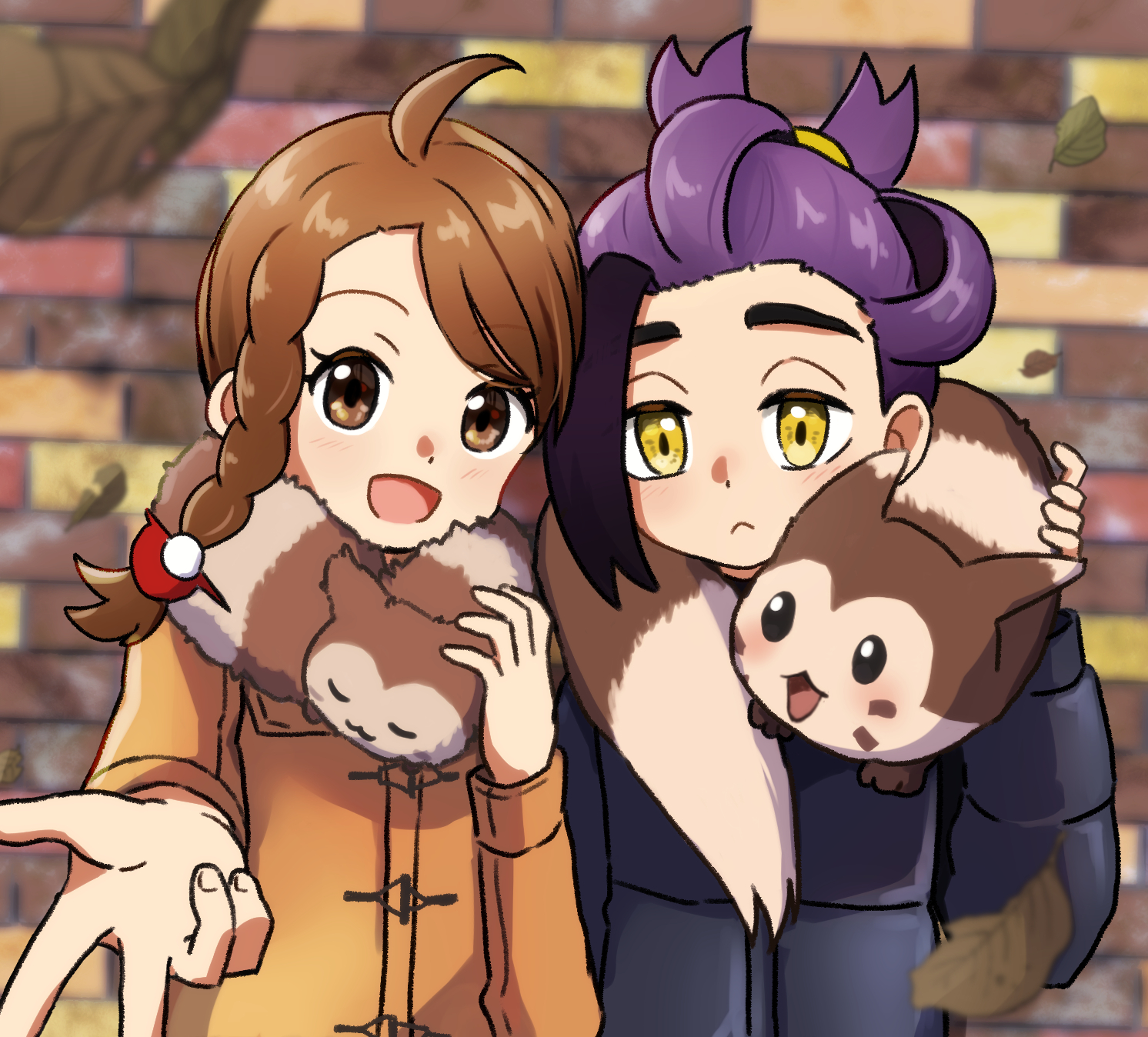 yyukisnow, furret, juliana (pokemon), kieran (pokemon), nintendo, pokemon, pokemon sv, commentary request, highres, 1boy, 1girl, :<, :d, ahoge, alternate costume, animal scarf, black hair, braid, brown eyes, brown hair, closed mouth, day, eyelashes, falling leaves, gen 2 pokemon, leaf, long sleeves, open mouth, outdoors, pokemon (creature), purple hair, short hair, smile, w, yellow eyes