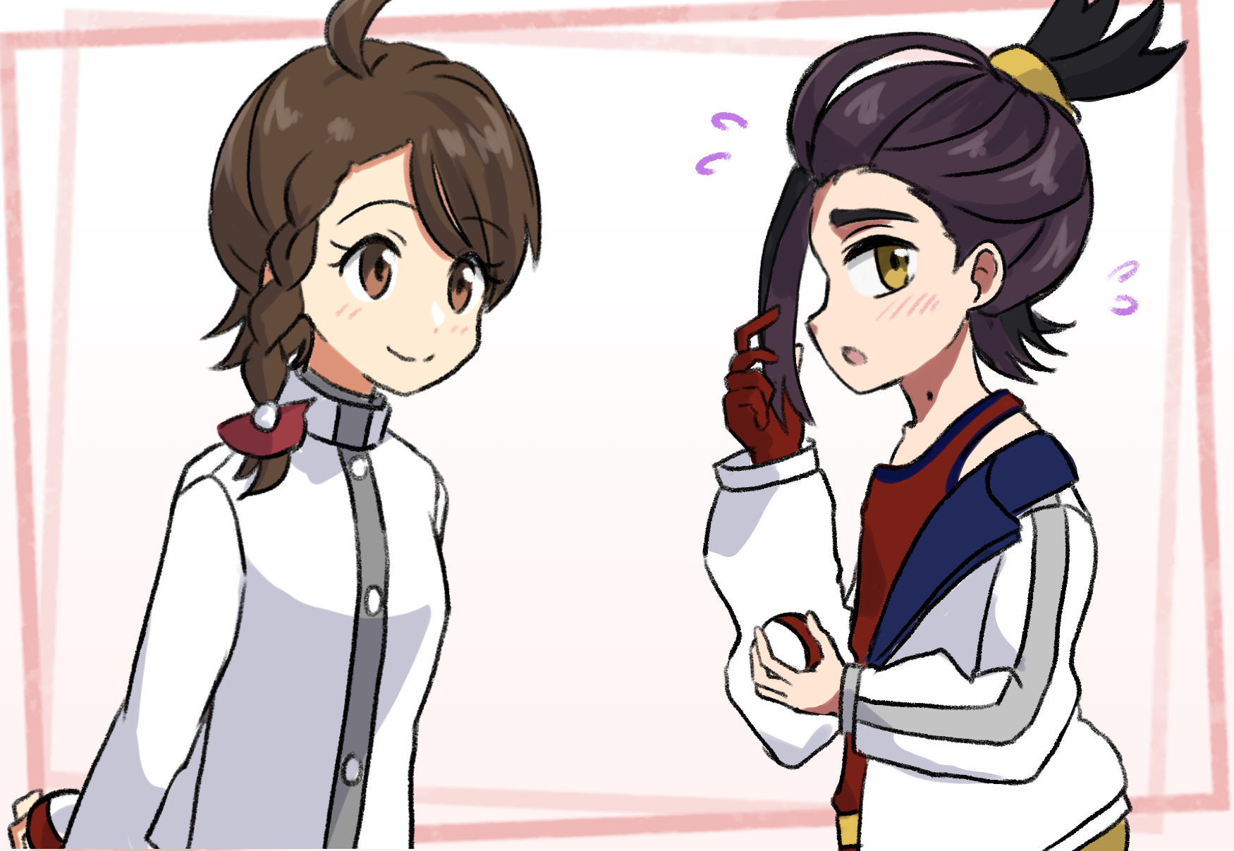 yyukisnow, juliana (pokemon), kieran (pokemon), nintendo, pokemon, pokemon sv, commentary request, highres, 1boy, 1girl, :o, ahoge, blush, braid, brown eyes, brown hair, buttons, closed mouth, eyelashes, flying sweatdrops, gloves, holding, holding poke ball, jacket, light blush, mole, mole on neck, open mouth, partially fingerless gloves, poke ball, poke ball (basic), red gloves, red shirt, shirt, single glove, sleeveless, sleeveless shirt, smile, white background, white jacket