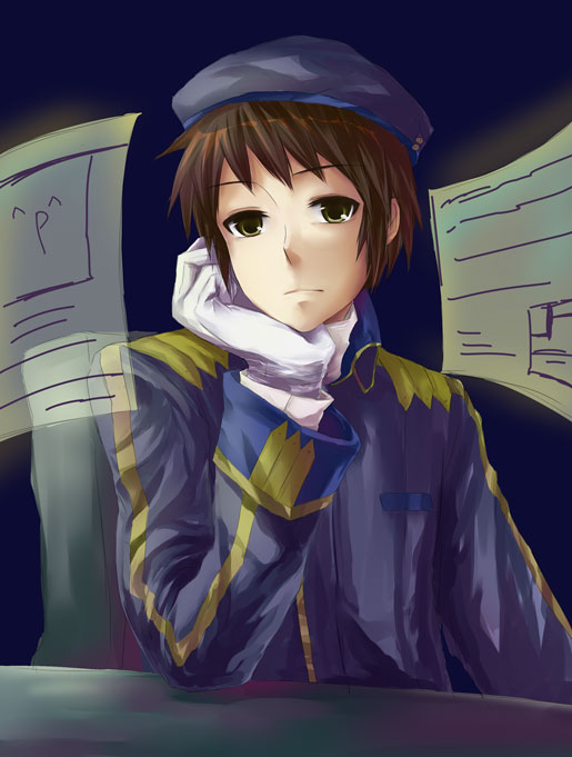 hatsuga genmai, yomo (ym), kyon, suzumiya haruhi no yuuutsu, the day of sagittarius, bad id, bad pixiv id, 00s, 1boy, brown hair, male focus, military, military uniform, solo