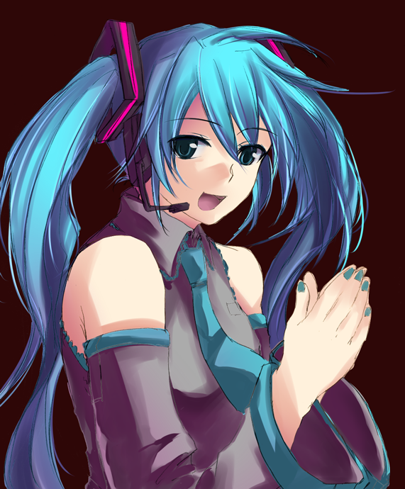 hatsuga genmai, yomo (ym), hatsune miku, vocaloid, bad id, bad pixiv id, 1girl, bare shoulders, blue eyes, blue hair, detached sleeves, female focus, long hair, matching hair/eyes, necktie, sketch, solo, twintails, very long hair