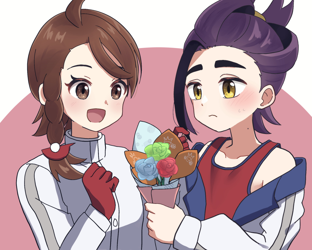yyukisnow, juliana (pokemon), kieran (pokemon), nintendo, pokemon, pokemon sv, commentary request, 1boy, 1girl, :d, ahoge, black hair, bouquet, braid, brown eyes, brown hair, closed mouth, collarbone, eyelashes, flower, gloves, holding, jacket, long sleeves, mole, mole on neck, multicolored hair, open mouth, purple hair, red gloves, red shirt, shirt, sleeveless, sleeveless shirt, smile, two-tone hair, upper body, white jacket, yellow eyes
