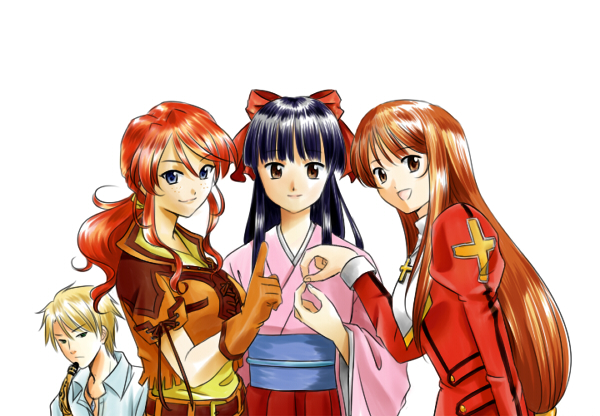 kanakoz, erica fontaine, gemini sunrise, shinguuji sakura, sakura taisen, sakura taisen iii, sakura taisen v, 1boy, 3girls, anniversary, black hair, blonde hair, blue eyes, brown eyes, brown hair, collar, cowboy western, cross, dress, finger counting, freckles, gloves, hair ribbon, hat, hugo juliard, index finger raised, jacket, japanese clothes, jewelry, juliet sleeves, kimono, latin cross, long hair, long sleeves, looking at viewer, multiple girls, necklace, number-shaped hands, orange jacket, orange skirt, pink kimono, ponytail, puffy sleeves, red dress, red gloves, red hair, red ribbon, red skirt, ribbon, sakura taisen: kanade-gumi, shirt, sidelocks, skirt, smile, white collar, white shirt, yellow shirt