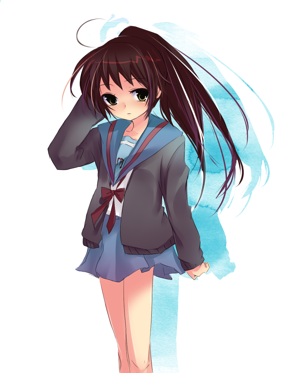 hatsuga genmai, yomo (ym), kyonko, suzumiya haruhi no yuuutsu, bad id, bad pixiv id, highres, 00s, 1girl, brown hair, female focus, genderswap, genderswap (mtf), long hair, ponytail, school uniform, serafuku, skirt, solo