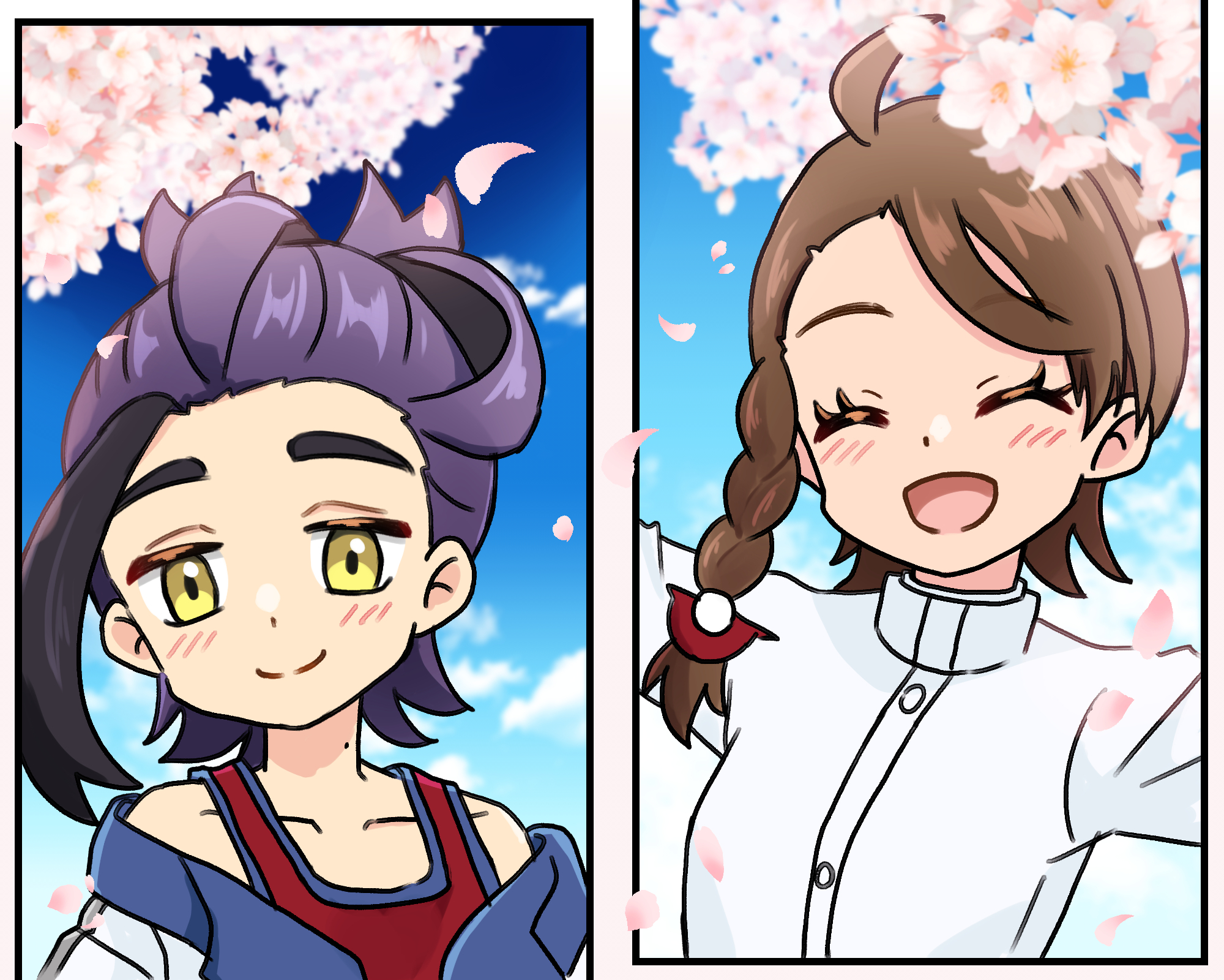 yyukisnow, juliana (pokemon), kieran (pokemon), nintendo, pokemon, pokemon sv, commentary request, highres, 1boy, 1girl, :d, ahoge, black hair, blush, braid, brown hair, buttons, closed eyes, closed mouth, cloud, collarbone, day, eyelashes, falling petals, flower, happy, jacket, light blush, mole, mole on neck, multicolored hair, off shoulder, open mouth, outdoors, petals, pink flower, purple hair, red shirt, shirt, sky, sleeveless, sleeveless shirt, smile, split mouth, tongue, two-tone hair, white jacket