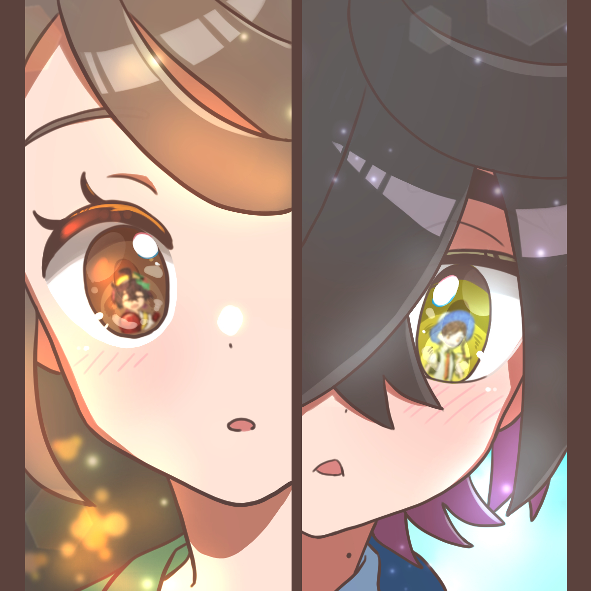 yyukisnow, juliana (pokemon), kieran (pokemon), nintendo, pokemon, pokemon sv, commentary request, highres, 1boy, 1girl, :o, black hair, brown eyes, brown hair, close-up, crossed bangs, eye reflection, eyelashes, green shirt, light blush, mole, mole on neck, open mouth, pillarboxed, reflection, shirt, split screen, yellow eyes