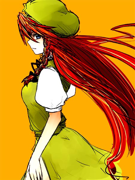 itsukage, hong meiling, embodiment of scarlet devil, touhou, 1girl, blue eyes, braid, female focus, hat, long hair, red hair, simple background, sketch, solo, very long hair