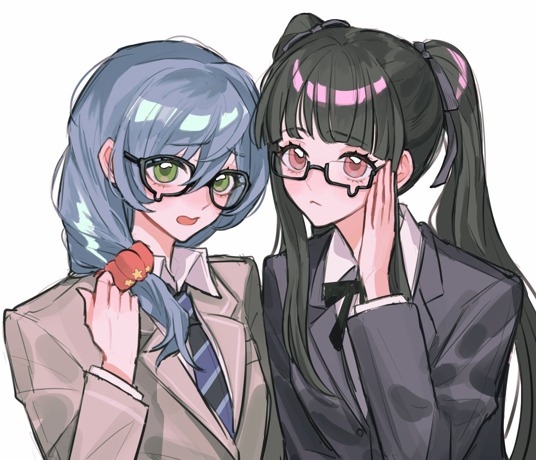 murenzi, asahi rokka, nyubara reona, bang dream!, highres, 2girls, adjusting eyewear, black-framed eyewear, black hair, blazer, blue hair, blunt bangs, blush, bow, bowtie, collar, diagonal-striped clothes, diagonal-striped necktie, furrowed brow, green eyes, hair between eyes, hair ornament, hair ribbon, hair scrunchie, holding, jacket, long hair, long sleeves, low ponytail, multiple girls, necktie, open mouth, ponytail, red eyes, ribbon, school uniform, scrunchie, semi-rimless eyewear, shirt, sideburns, sidelocks, striped clothes, teardrop-framed glasses, twintails, white background