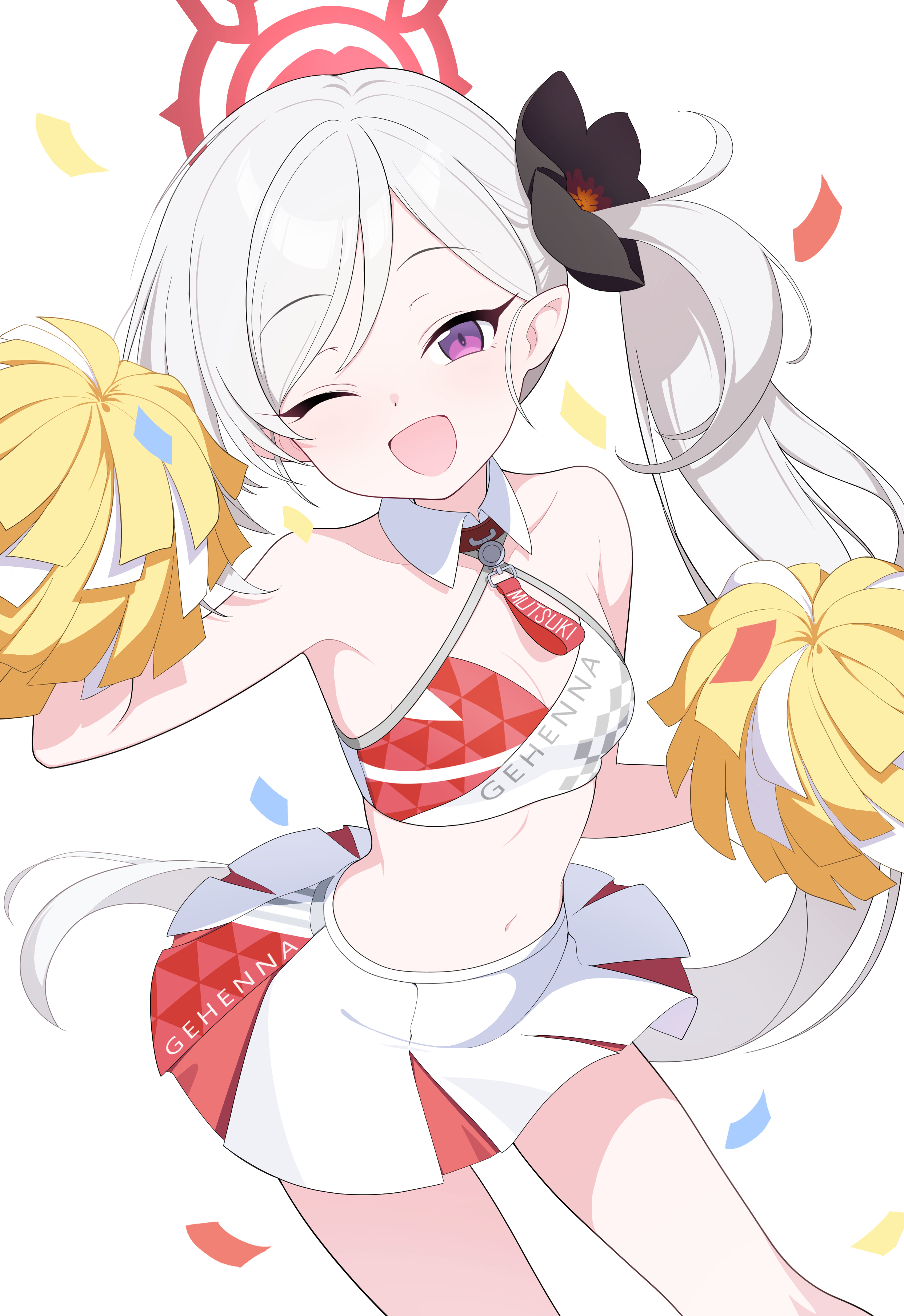 sonoda 345, mutsuki (blue archive), blue archive, absurdres, highres, cheering, cheerleader, crop top, hair ornament, hair scrunchie, halo, holding, holding pom poms, midriff, millennium cheerleader outfit (blue archive), miniskirt, navel, one eye closed, pleated skirt, pointy ears, pom pom (cheerleading), pom poms, red halo, scrunchie, side ponytail, skirt, white hair, white skirt