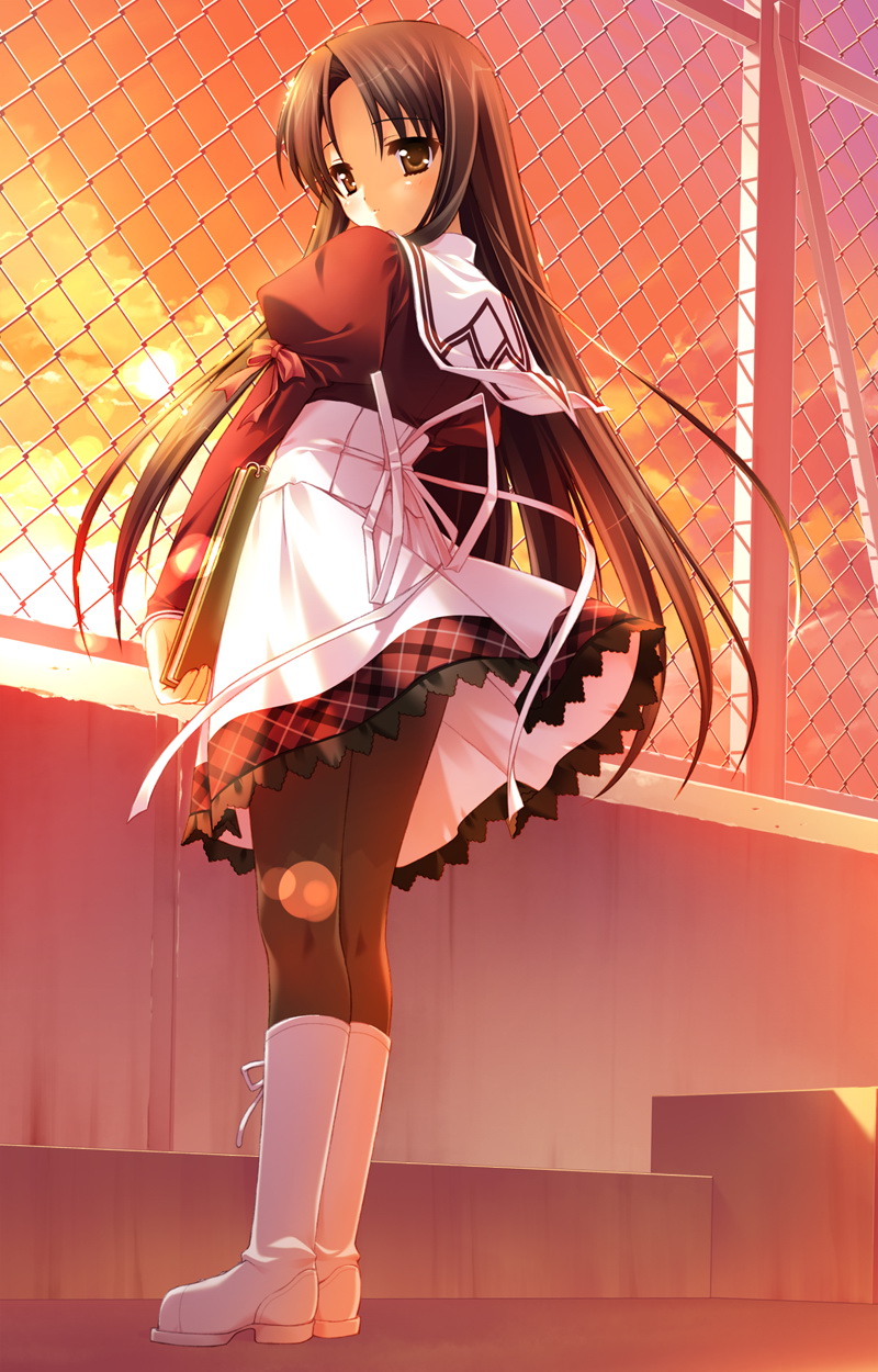 tachibana kukuri, 11eyes, highres, 00s, blush, book, boots, lace, long hair, pantyhose, school uniform, serafuku, skirt