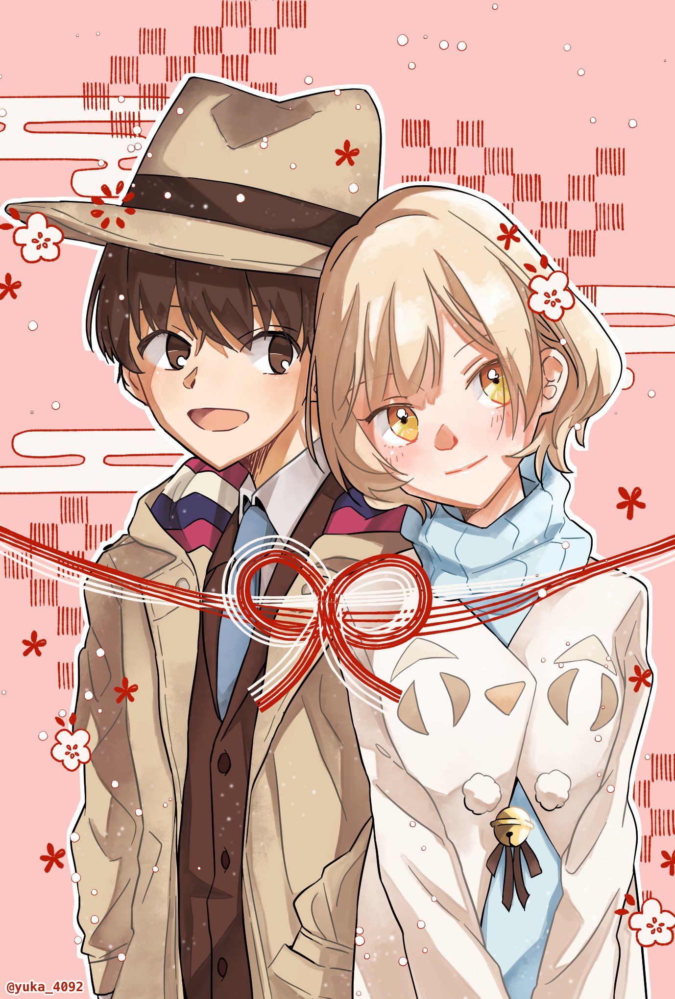 moritsuka shun, occultic;nine, science adventure, highres, 1boy, 1girl, :d, blonde hair, blush, bow, brown eyes, brown hair, cardigan, coat, flower, hair ornament, hat, jacket, kisaki asuna, long sleeves, looking at viewer, open mouth, pink background, scarf, school uniform, shirt, short hair, smile, upper body, white shirt, yellow eyes, yuka 4092