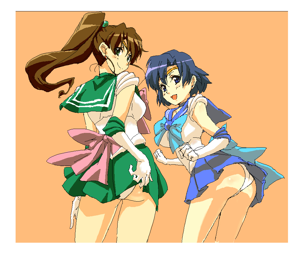 fujimoto satoru, kino makoto, mizuno ami, sailor jupiter, sailor mercury, bishoujo senshi sailor moon, 1990s (style), 2girls, ass, blue hair, blue sailor collar, blue skirt, bow, brown hair, earrings, elbow gloves, gloves, green skirt, hair bobbles, hair ornament, inner senshi, jewelry, looking back, magical girl, multiple girls, oekaki, panties, pink bow, ponytail, sailor collar, sailor senshi, short hair, skirt, tiara, underwear, white gloves, white panties