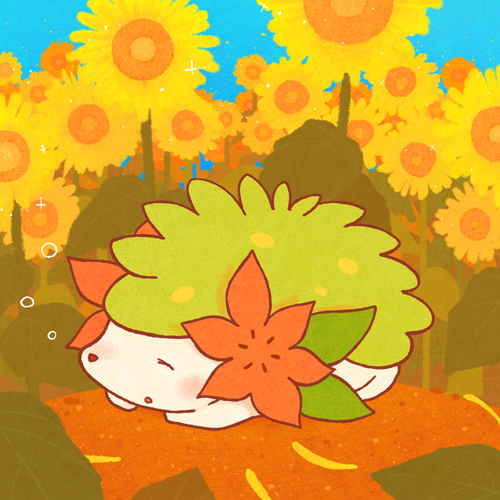 yoshida (penguindynamite), shaymin, nintendo, pokemon, commentary request, lowres, blue sky, closed eyes, day, field, flower, flower field, gen 4 pokemon, legendary pokemon, mythical pokemon, no humans, open mouth, outdoors, pokemon (creature), pokemon focus, sky, sleeping, sunflower, sunflower field, yellow flower