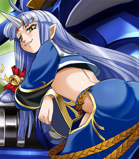 haruyama kazunori, jyaki-gun-oh, suzuka hime, banpresto, super robot wars, super robot wars og saga mugen no frontier, 1girl, ahoge, ass, bell, belt, bent over, blue hair, clothing cutout, facial mark, female focus, forehead mark, from behind, grin, hair ornament, hair ribbon, hip vent, horns, jingle bell, long hair, looking back, mecha, midriff, nail polish, oni, pink nails, pointy ears, ribbon, robot, single horn, skirt, smile, solo, yellow eyes
