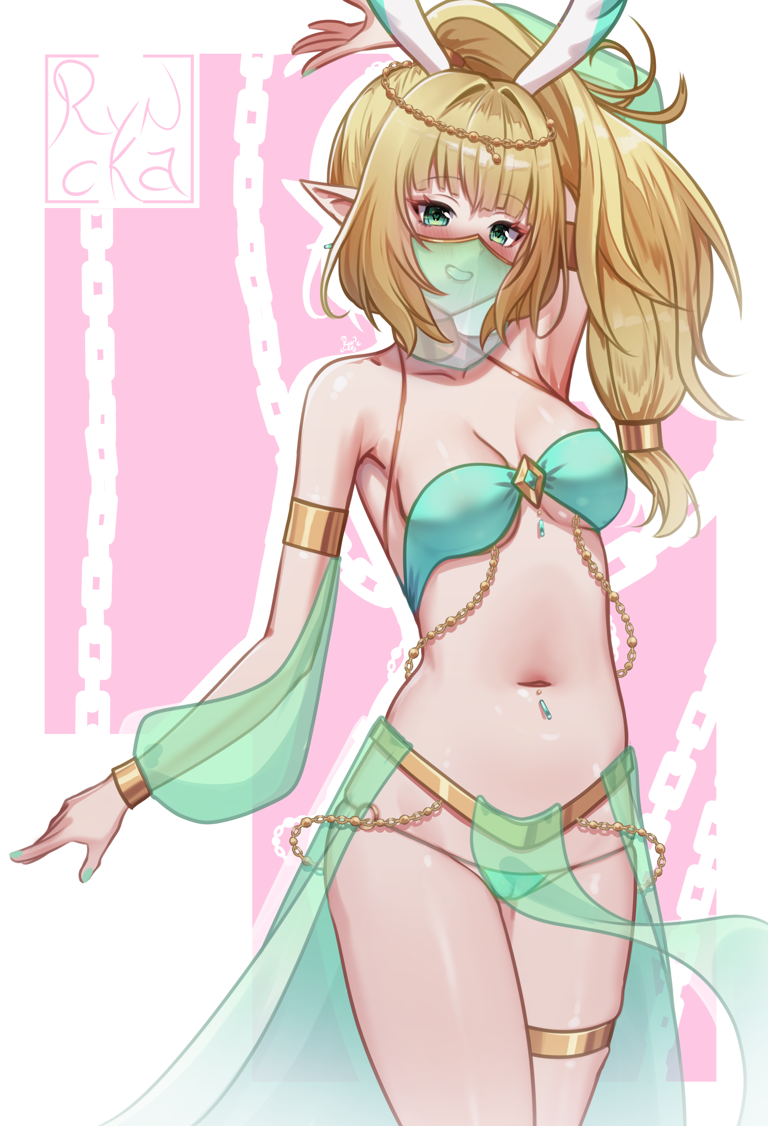 ryncka, chiyo moberi, indie virtual youtuber, 1girl, arm above head, arm at side, arm up, artist name, breasts, cameltoe, cape, collarbone, cowboy shot, detached sleeves, elf, eyelashes, female focus, fingernails, green cape, green eyes, green loincloth, green nails, green panties, green sleeves, green tube top, green veil, grin, harem outfit, jewelry, loincloth, long hair, looking at viewer, medium breasts, mouth veil, nail polish, navel, panties, pink background, pointy ears, ponytail, side ponytail, simple background, smile, solo, standing, strapless, thighlet, tube top, two-tone background, underwear, veil, virtual youtuber, waist cape, white background