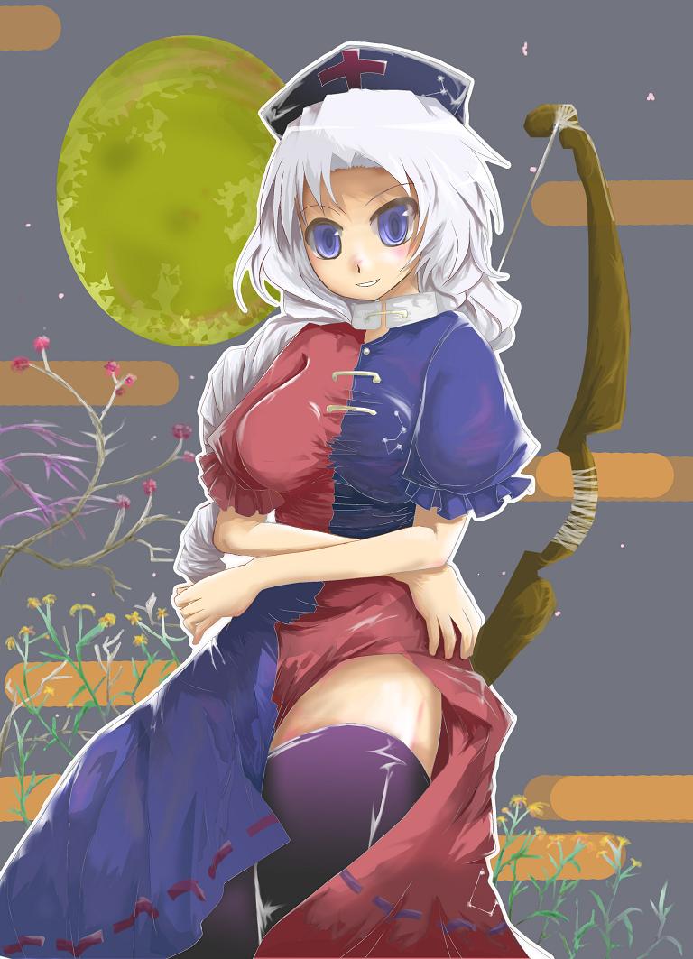 arano oki, saba miso, yagokoro eirin, touhou, 1girl, bow, bow (weapon), female focus, hat, long hair, solo, thighhighs, weapon