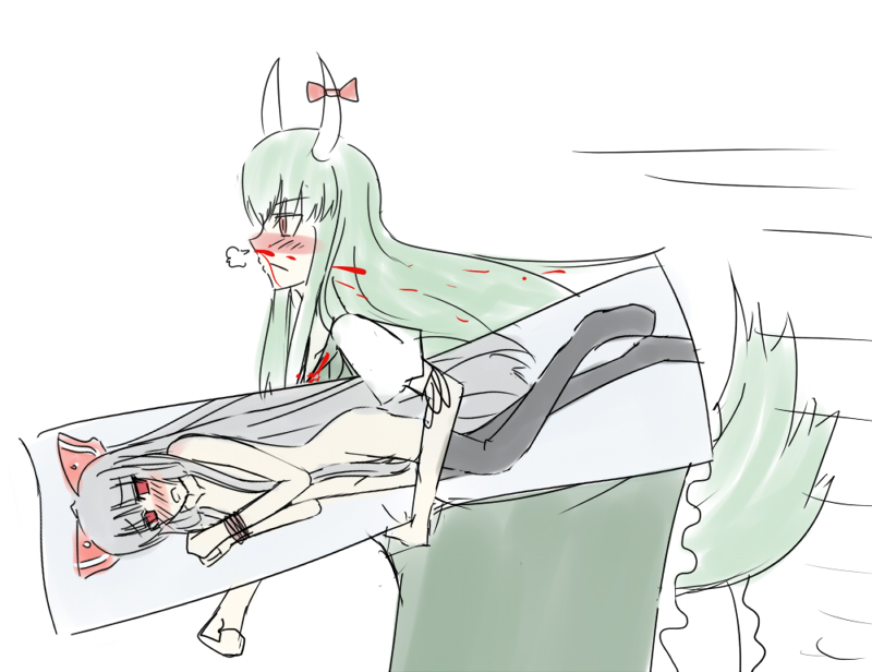 asa inu, ex-keine, fujiwara no mokou, kamishirasawa keine, touhou, bad id, bad pixiv id, 1girl, blood, dakimakura (object), female focus, green hair, horn ornament, horn ribbon, horns, long hair, nosebleed, pillow, ribbon, running, solo, thighhighs, white background