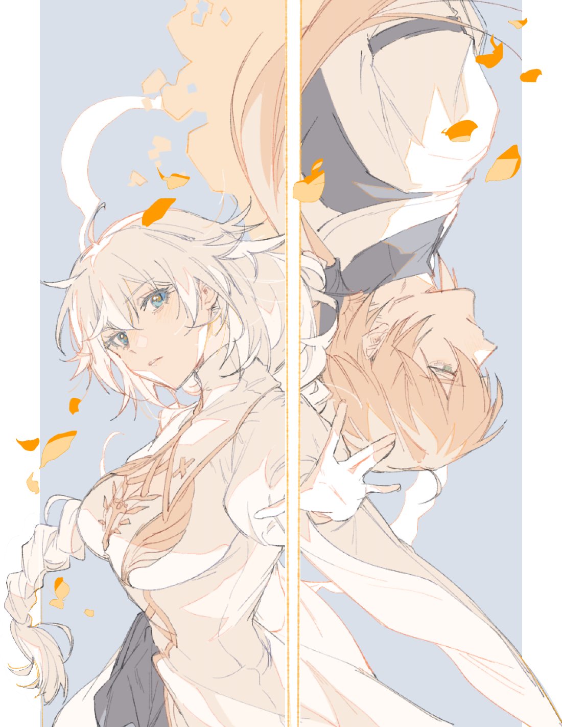 pokashi, kallen kaslana, otto apocalypse, honkai (series), honkai impact 3rd, commentary request, highres, 1boy, 1girl, arm up, blonde hair, blue background, blue eyes, braid, couple, dress, falling leaves, formal clothes, friends, green eyes, hair between eyes, head tilt, leaf, long braid, long hair, long sleeves, looking at viewer, looking to the side, parted lips, reaching, reaching towards viewer, single braid, suit, upside-down, white dress, white hair, white suit, wide sleeves