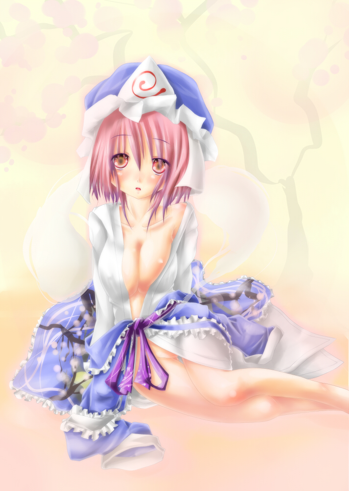 sugiyuu, yuukke (pixiv), saigyouji yuyuko, touhou, bad id, bad pixiv id, 1girl, breasts, female focus, hat, japanese clothes, kimono, ribbon, solo