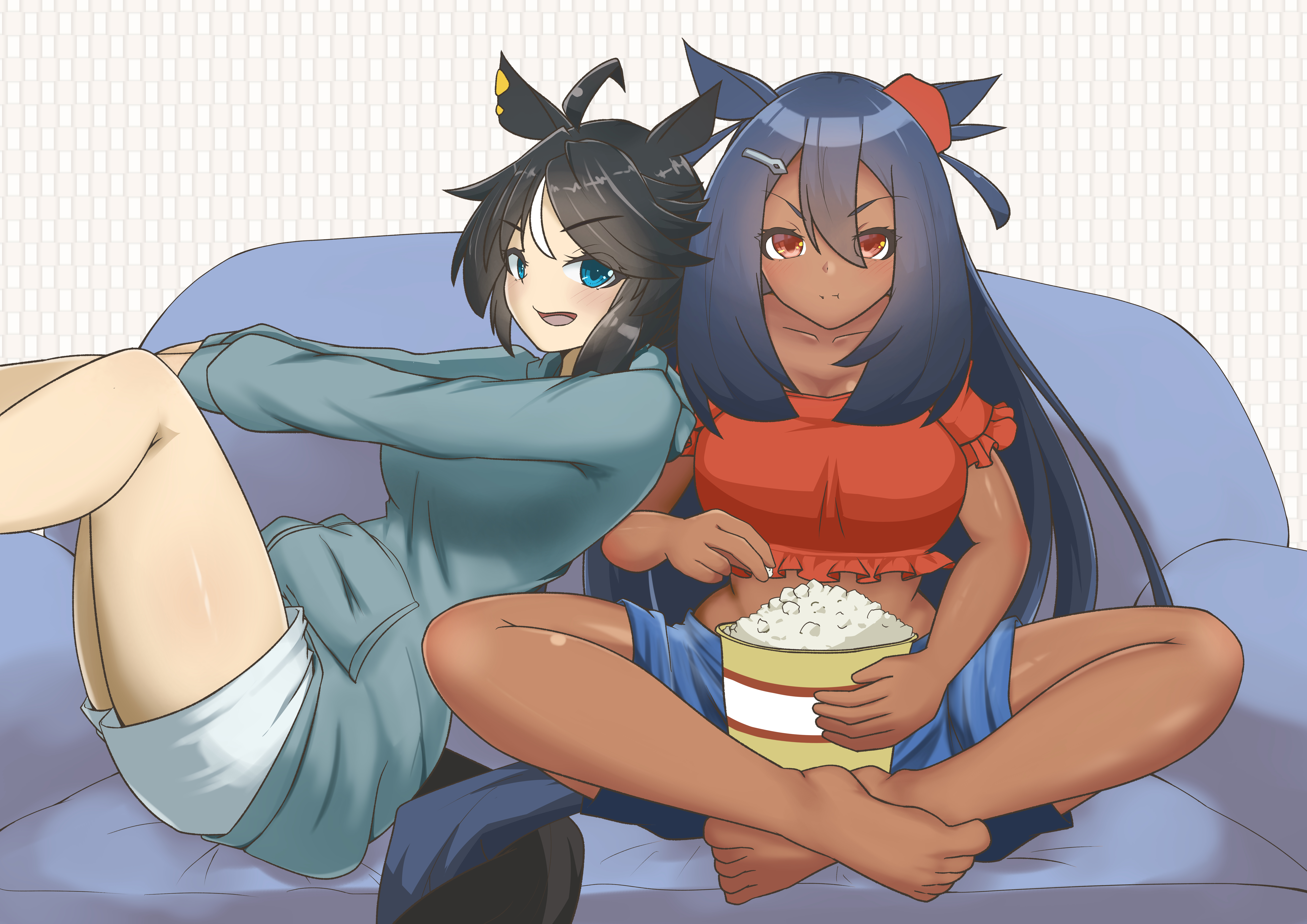asahiruyou, fuji kiseki (umamusume), hishi amazon (umamusume), umamusume, absurdres, highres, 2girls, :t, adapted costume, ahoge, alternate costume, animal ears, bare legs, barefoot, black hair, breasts, closed mouth, couch, crop top, dark-skinned female, dark skin, ear ornament, eating, food, frilled sleeves, frills, hair between eyes, hair ornament, hairclip, holding, holding food, hood, hoodie, horse ears, horse girl, horse tail, intertwined tails, jewelry, knee up, large breasts, leaning back, leaning on person, light blush, long hair, long sleeves, looking at viewer, medium hair, midriff, multicolored hair, multiple girls, on couch, open mouth, popcorn, red eyes, short shorts, short sleeves, shorts, sitting, tail, tail wrap, taut clothes, thighhighs, toes, two-tone hair, v-shaped eyebrows, very long hair, white hair