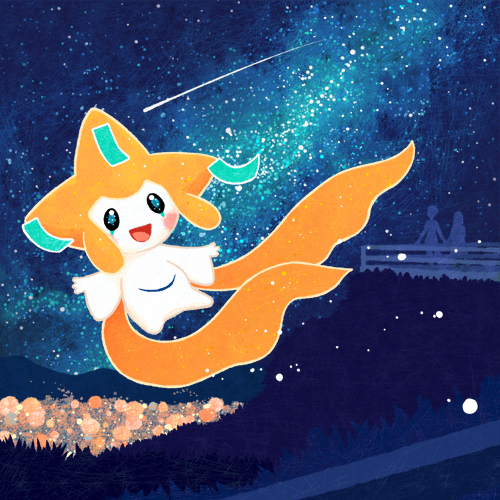 yoshida (penguindynamite), jirachi, nintendo, pokemon, commentary request, lowres, 2others, blue eyes, floating, galaxy, gen 3 pokemon, legendary pokemon, multiple others, mythical pokemon, night, night sky, open mouth, outdoors, pokemon (creature), shooting star, sky, smile, star (sky)