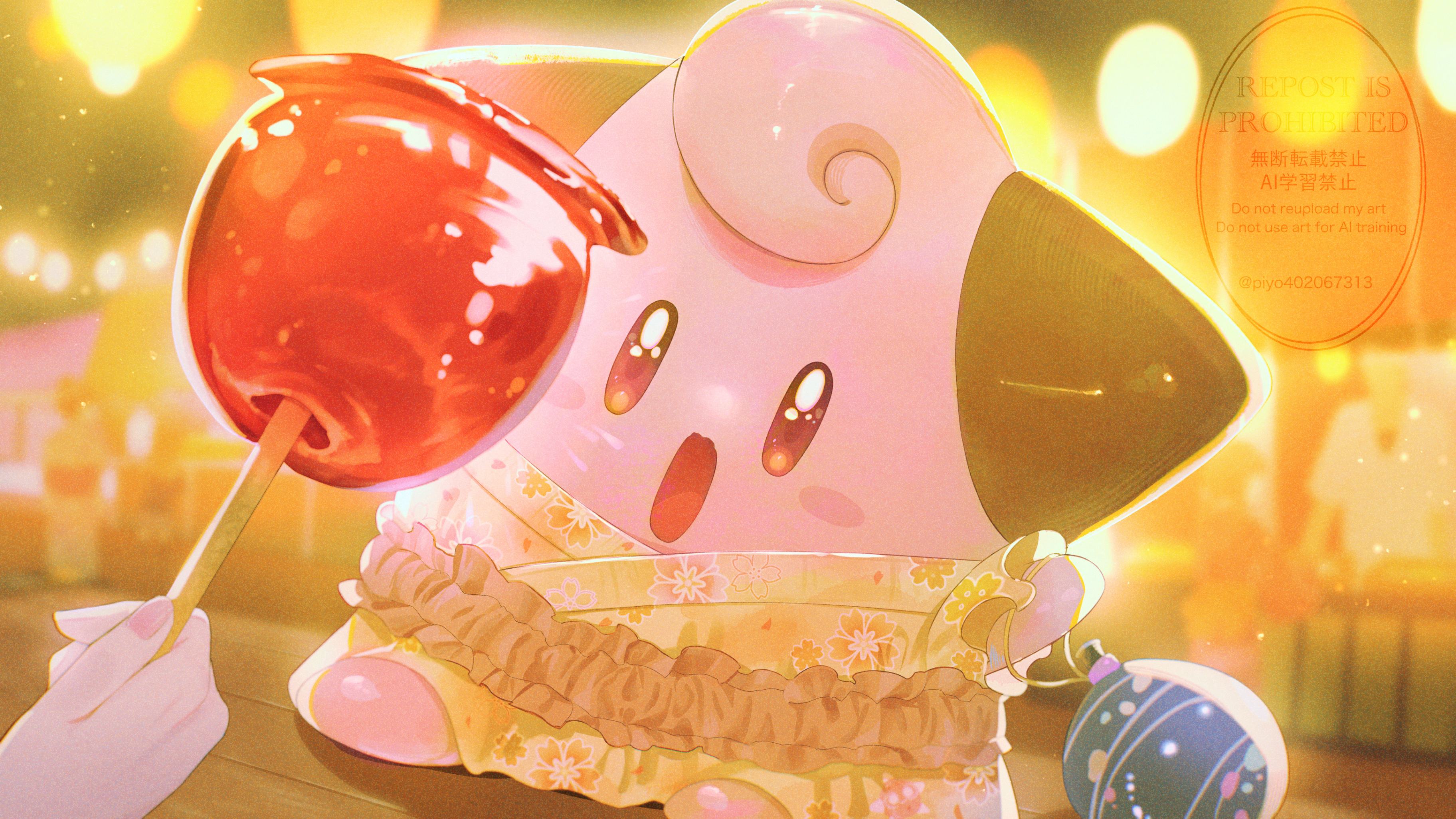piyokonoenikki 04, cleffa, nintendo, pokemon, absurdres, commentary request, highres, 1girl, blurry, blurry background, blush stickers, brown eyes, candy apple, clothed pokemon, excited, festival, food, gen 2 pokemon, holding, japanese clothes, kimono, open mouth, outdoors, pokemon (creature), watermark, yellow kimono