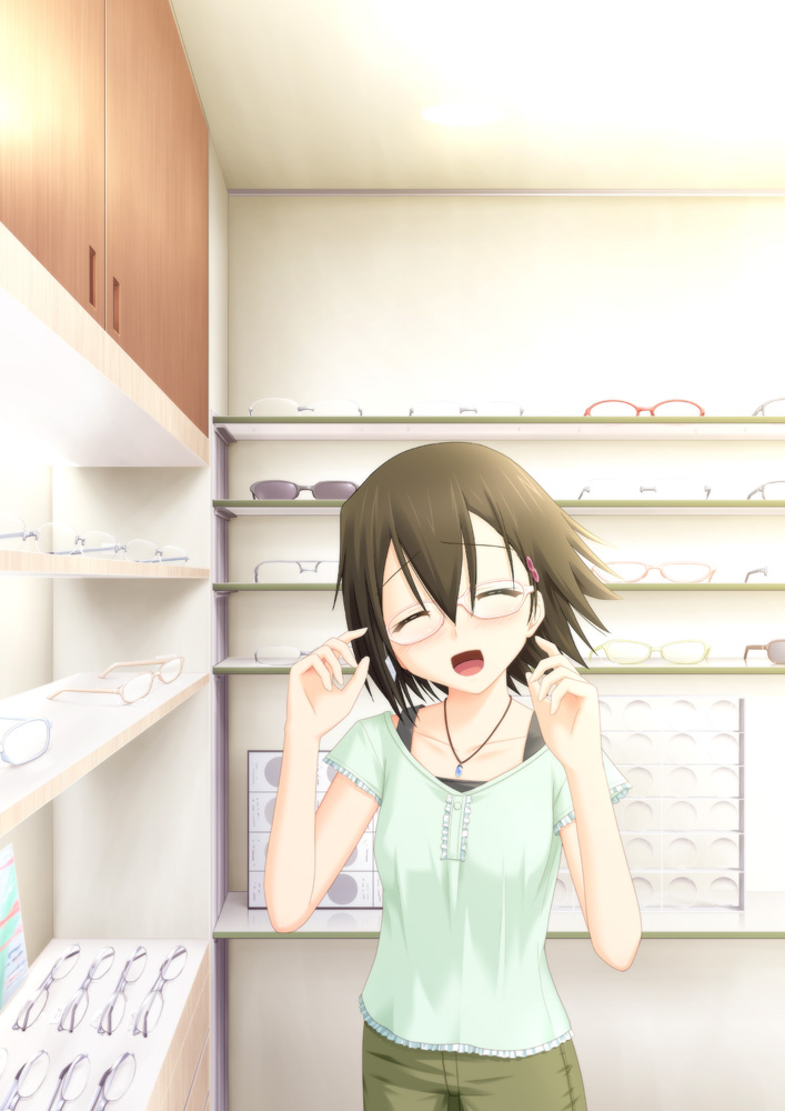 ogata, isurugi noe, true tears, 00s, 1girl, :d, ^ ^, bespectacled, brown hair, brown pants, cabinet, closed eyes, collarbone, cowboy shot, female focus, frilled sleeves, frills, gem, glasses, hair between eyes, hair ornament, hairclip, head tilt, indoors, jewelry, necklace, open mouth, orange-framed eyewear, over-rim eyewear, pants, pendant, pink-framed eyewear, raised eyebrows, red-framed eyewear, rimless eyewear, semi-rimless eyewear, shelf, shop, short hair, short sleeves, smile, solo, standing, sunglasses