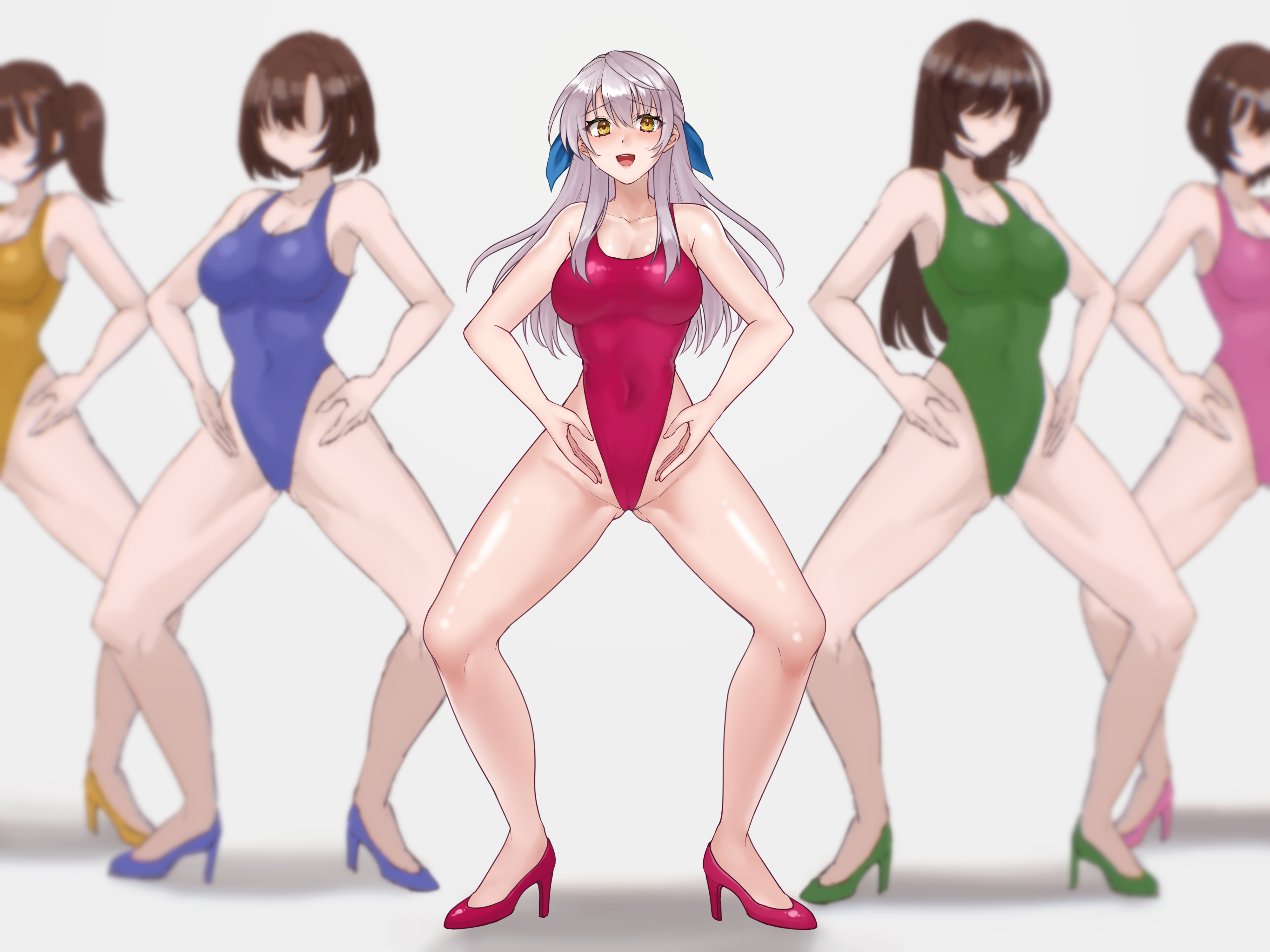 hazuki (nyorosuke), micaiah (fire emblem), fire emblem, fire emblem: radiant dawn, nintendo, absurdres, commentary request, highres, 5girls, :d, alternate costume, bare legs, blue leotard, bowlegged pose, breasts, brown hair, covered navel, faceless, full body, gluteal fold, green leotard, haigure pose, high heels, highleg, highleg leotard, large breasts, latex, latex leotard, leotard, long hair, multiple girls, open mouth, pink leotard, red leotard, short hair, smile, solo focus, squatting, standing, super highleg, white hair, yellow eyes, yellow leotard