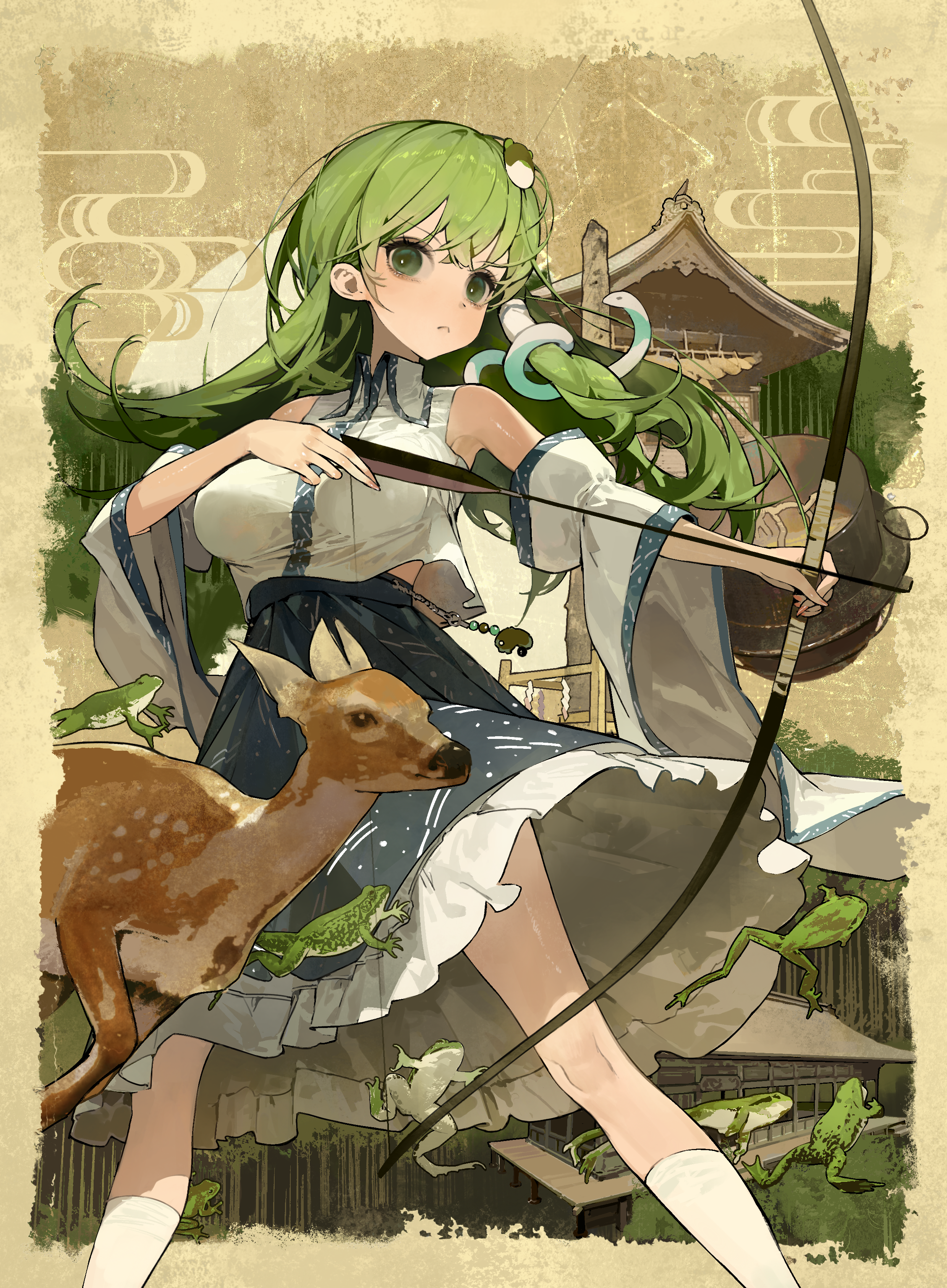 ya yuan, kochiya sanae, touhou, absurdres, commentary request, highres, 1girl, animal, arrow (projectile), bare shoulders, blue skirt, bow (weapon), breasts, collared shirt, crossed bangs, deer, detached sleeves, dot nose, feet out of frame, fingernails, frilled skirt, frills, frog, frog hair ornament, green eyes, green hair, hair behind ear, hair ornament, hair tubes, holding, holding arrow, holding bow (weapon), holding weapon, large breasts, light frown, long hair, long sleeves, looking at viewer, magatama, midriff peek, moriya shrine, patterned clothing, petticoat, print skirt, shirt, single hair tube, single sidelock, skirt, skirt set, sleeveless, sleeveless shirt, snake hair ornament, socks, solo, v-shaped eyebrows, weapon, white socks, wide sleeves, wing collar