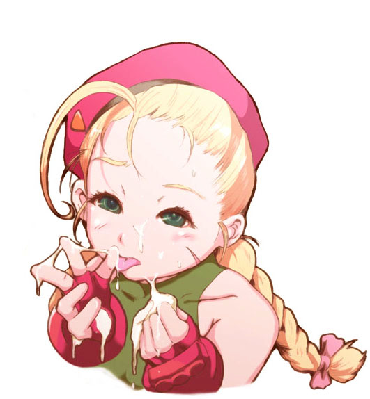 okazuwa shake, cammy white, capcom, street fighter, bad id, bad pixiv id, 1girl, aged down, ahoge, antenna hair, beret, blonde hair, blush, bow, braid, cum, cum on body, cum on upper body, eyelashes, facial, female focus, food, green eyes, hair ribbon, hat, leotard, loli, ribbon, scar, sexually suggestive, simple background, slanted hat, solo, suggestive fluid, sweat