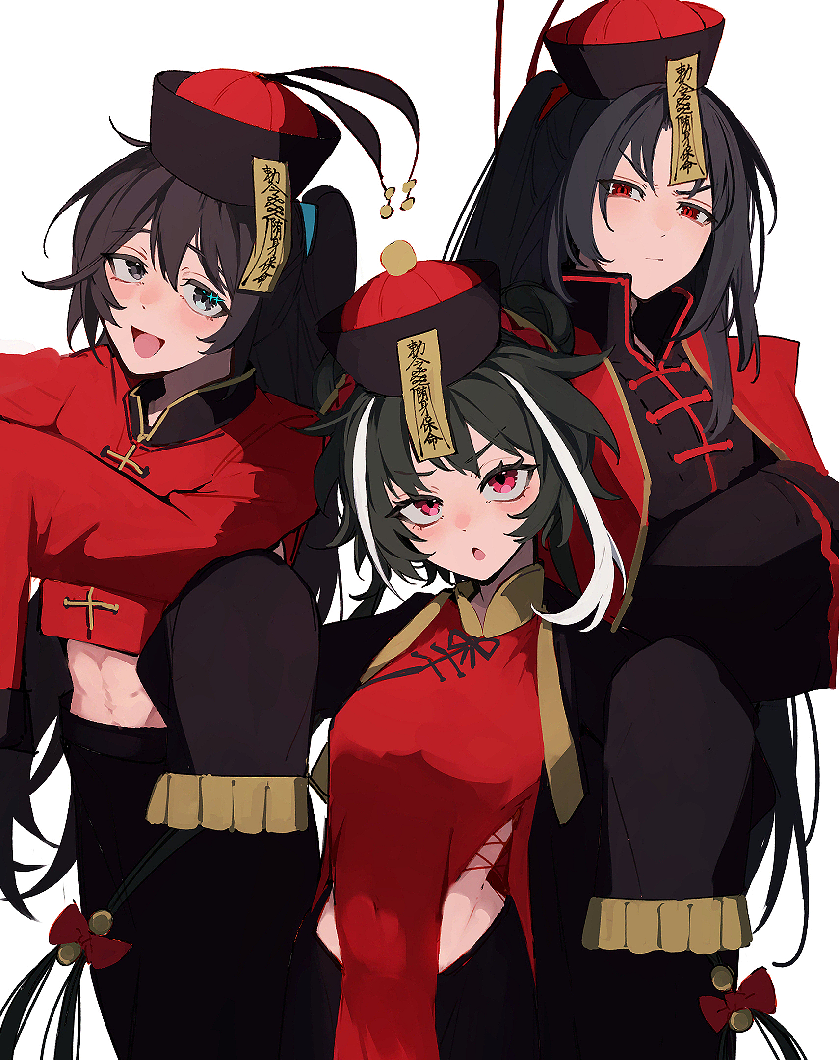 nakame77, hong lu (project moon), jia huan (project moon), jia xichun (project moon), limbus company, project moon, highres, 1girl, 2boys, :d, :o, black eyes, black hair, black jacket, black shirt, blue eyes, blush, breasts, chinese clothes, double bun, hair bun, hat, hat ornament, heterochromia, high ponytail, jacket, jiangshi, long hair, long sleeves, looking at viewer, midriff peek, multicolored hair, multiple boys, ofuda, ofuda on head, open mouth, outstretched arms, pink eyes, ponytail, qingdai guanmao, red eyes, red jacket, red shirt, shirt, siblings, simple background, smile, streaked hair, twintails, upper body, white background, zombie pose