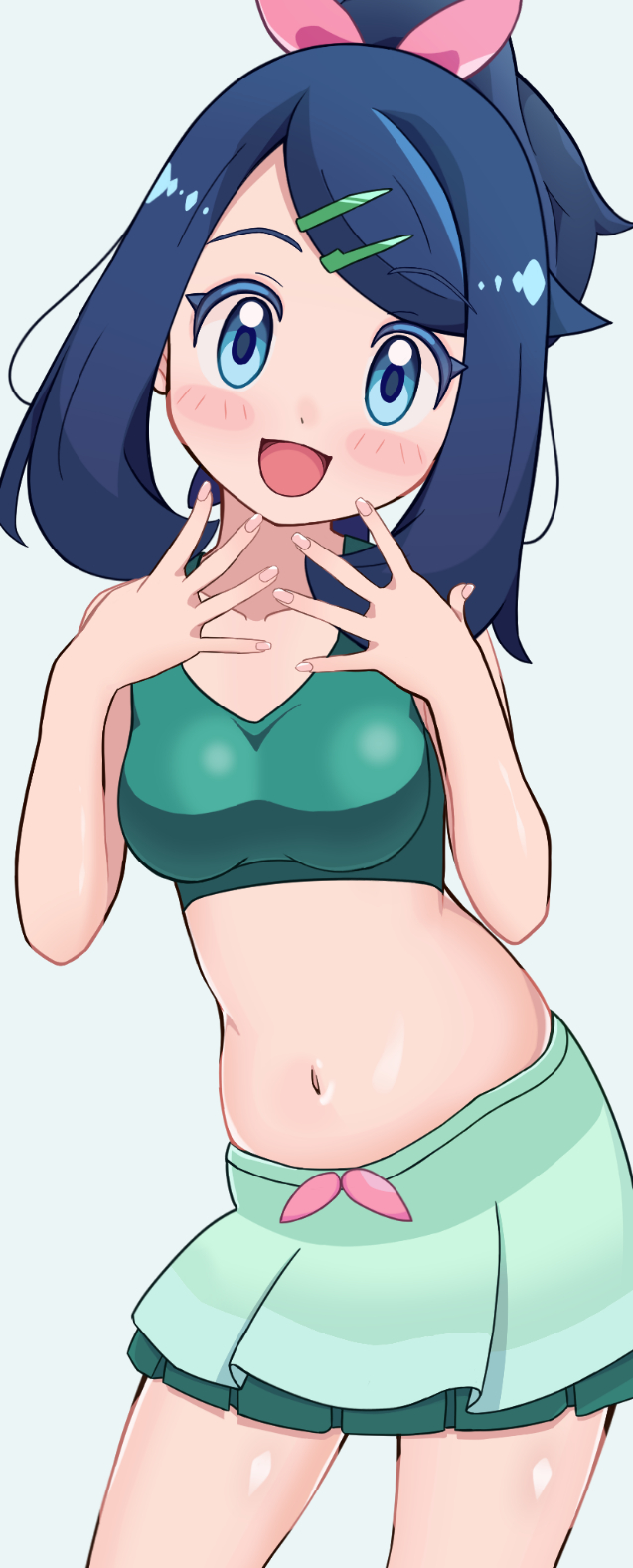 melili, liko (pokemon), nintendo, pokemon, pokemon (anime), pokemon horizons, commentary, highres, 1girl, :d, black hair, blue eyes, blush, breasts, cowboy shot, hair ornament, hair ribbon, hairclip, hands up, happy, head tilt, looking at viewer, navel, open mouth, pink ribbon, ribbon, sidelocks, simple background, smile, solo, spread fingers, swept bangs, swimsuit