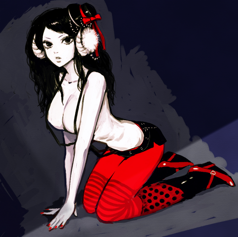 igarashi ran (igatz), igatz, original, bad id, bad pixiv id, 1girl, black eyes, black hair, demon girl, female focus, hat, kneeling, long hair, mini hat, mini top hat, nail polish, naked suspenders, pantyhose, red nails, red pantyhose, revealing clothes, solo, suspenders, top hat, topless female
