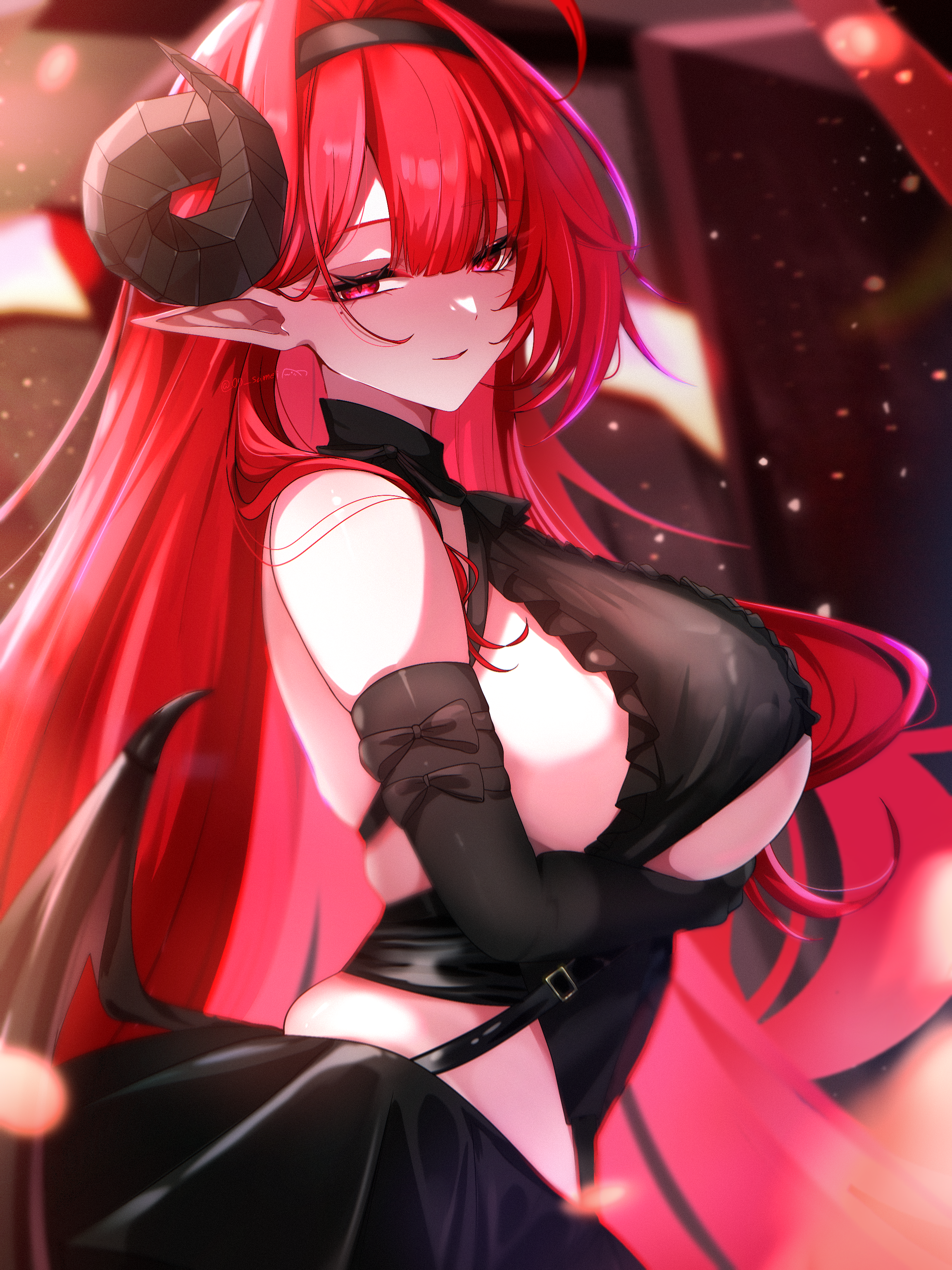 hindenburg (azur lane), azur lane, absurdres, commentary request, highres, partial commentary, 00 samei, 1girl, ahoge, arm under breasts, bare shoulders, black gloves, black hairband, black horns, black skirt, breasts, demon girl, demon horns, elbow gloves, frills, from side, gloves, hairband, horns, large breasts, long hair, low wings, pointy ears, red eyes, red hair, red theme, skirt, slit pupils, solo, very long hair, wings