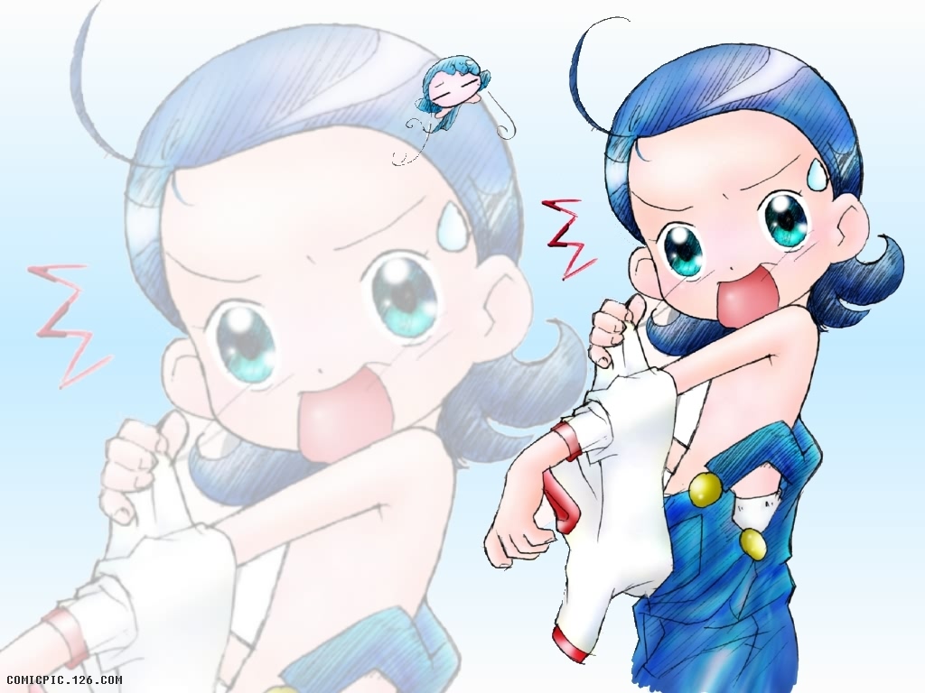 mimi(ojamajo doremi), senoo aiko, ojamajo doremi, 1girl, ahoge, blue eyes, blue hair, female focus, loli, looking at viewer, overalls, panties, solo, underwear, undressing