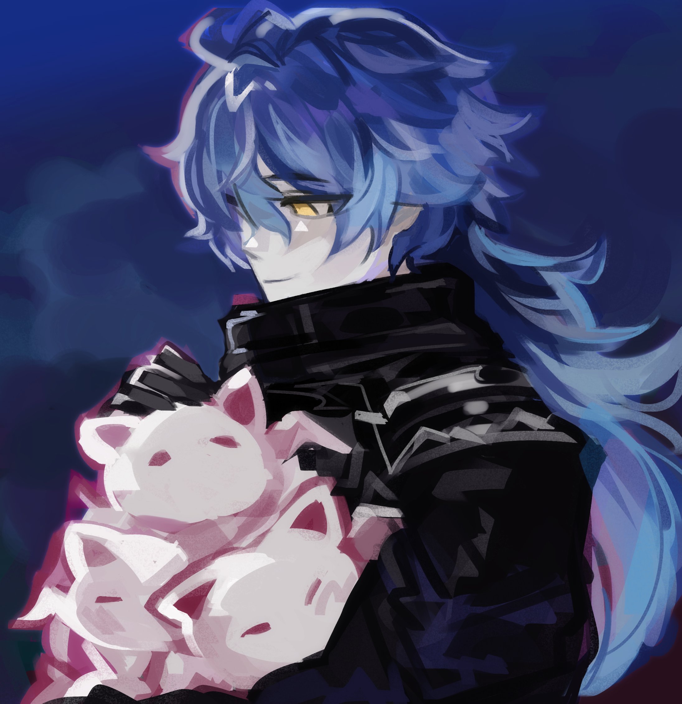 yuuu20, flins (genshin impact), genshin impact, commentary, english commentary, highres, 1boy, ahoge, animal, bags under eyes, bat (animal), black coat, black gloves, blue hair, blurry, blurry background, carrying, closed mouth, coat, from side, gloves, hair between eyes, huge ahoge, light smile, long hair, long sleeves, looking at animal, looking down, night, night sky, no pupils, outdoors, petting, shade, sky, solo, standing, upper body, yellow eyes
