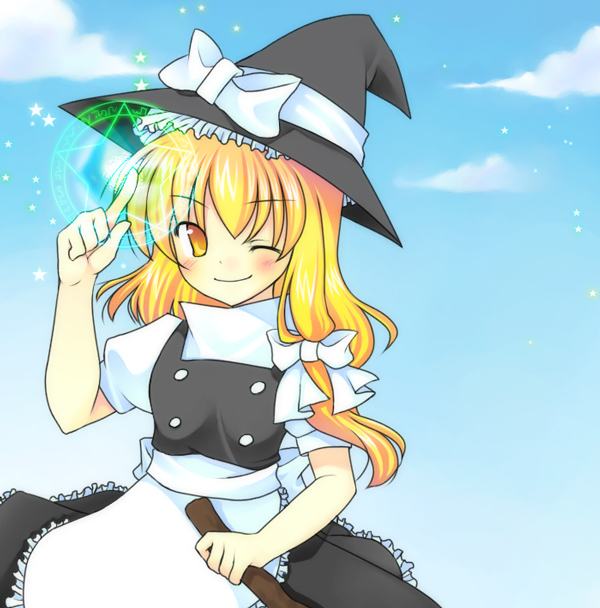 shimizu, shizuki mizuha, kirisame marisa, touhou, bad id, bad pixiv id, 1girl, blonde hair, broom, day, female focus, hat, magic circle, one eye closed, ribbon, sky, solo, wink, witch, witch hat