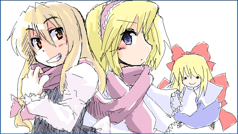 alice margatroid, kirisame marisa, shanghai doll, touhou, 3girls, blonde hair, doll, female focus, hat, long hair, multiple girls, oekaki, ribbon, upper body, white background