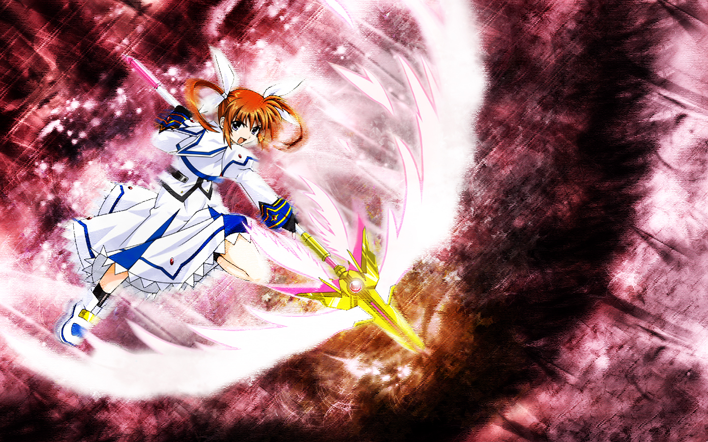 raising heart, takamachi nanoha, lyrical nanoha, mahou shoujo lyrical nanoha, mahou shoujo lyrical nanoha a's, 00s, 1girl, blue eyes, energy wings, female focus, fingerless gloves, gloves, magical girl, orange hair, purple eyes, red hair, solo, twintails, wings
