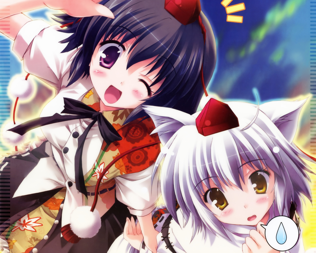 happy birthday (artist), inubashiri momiji, shameimaru aya, touhou, silver hair, 2girls, animal ears, blush, brown hair, fang, female focus, hat, multiple girls, outdoors, purple eyes, sky, tokin hat, wink, wolf ears, yellow eyes