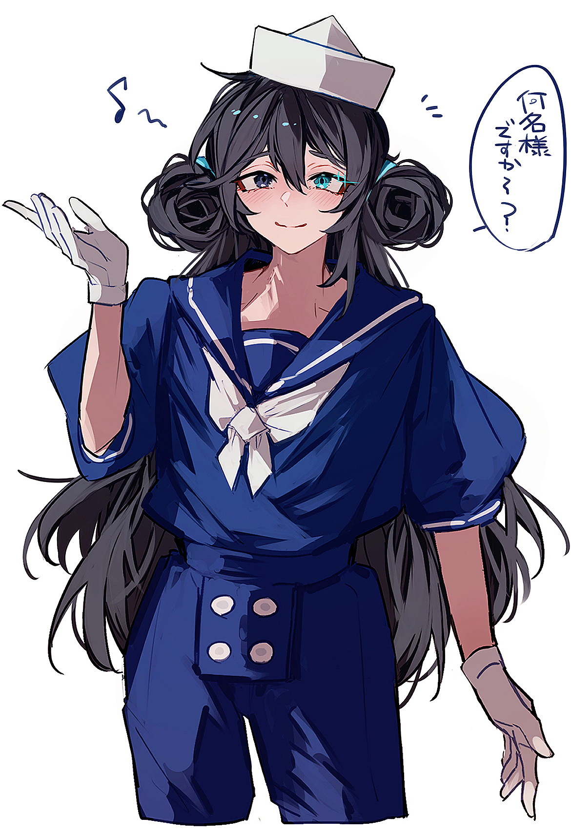 nakame77, hong lu (project moon), limbus company, project moon, highres, 1boy, alternate costume, alternate hairstyle, black eyes, black hair, blue eyes, blue pants, blue sailor collar, blue shirt, double bun, gloves, hair bun, hat, heterochromia, long hair, looking at viewer, male focus, neckerchief, pants, puffy short sleeves, puffy sleeves, sailor collar, shirt, short sleeves, simple background, solo, standing, upper body, white background, white gloves, white hat, white neckerchief