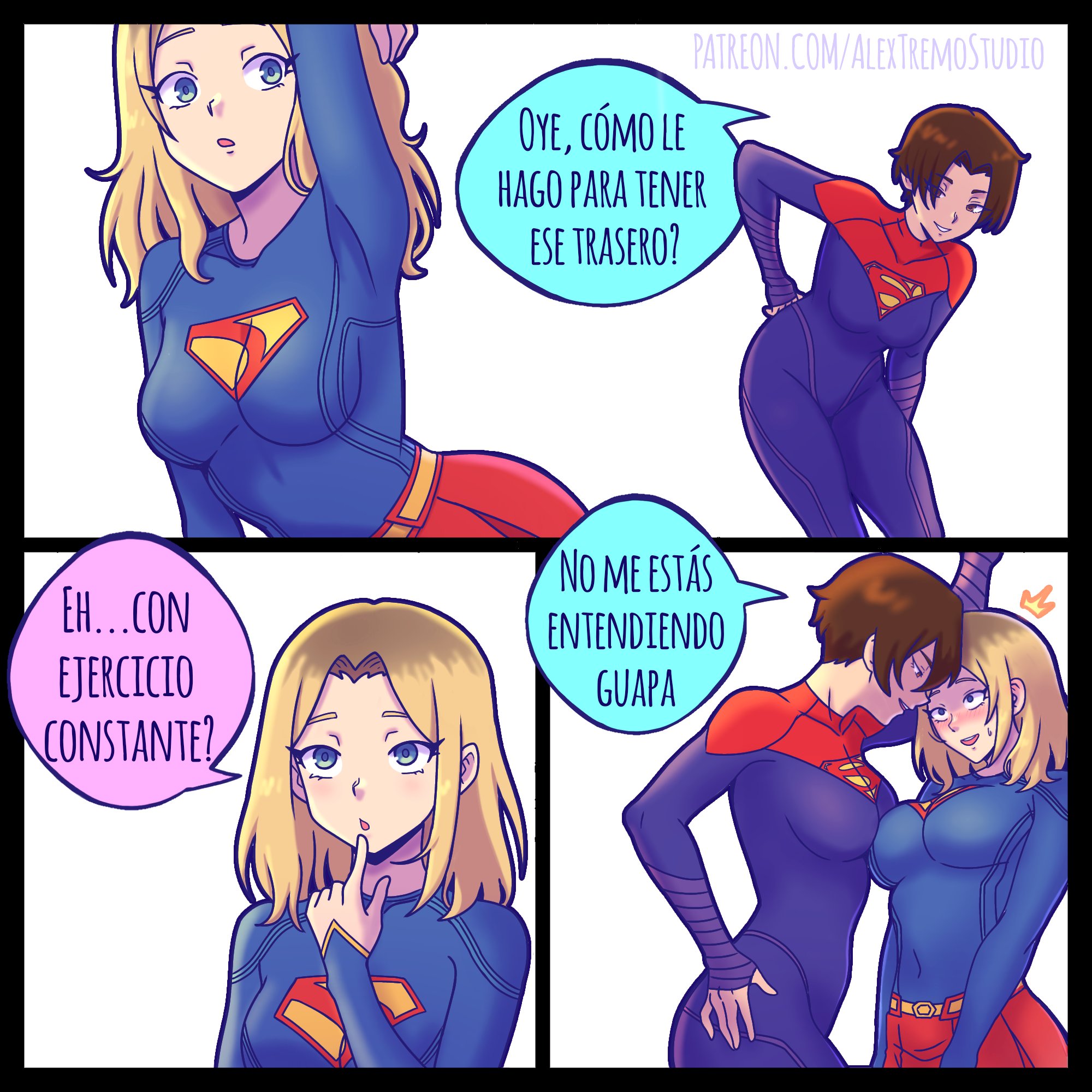 supergirl, dc comics, dc extended universe, superman (2025), superman (series), the flash (movie), commentary request, highres, translation request, 2girls, ass, blonde hair, blue eyes, blush, bodysuit, breasts, large breasts, long hair, long sleeves, medium breasts, mimundoalex, multiple girls, open mouth, short hair, skirt, smile, spanish commentary, spanish text, superhero costume, yuri