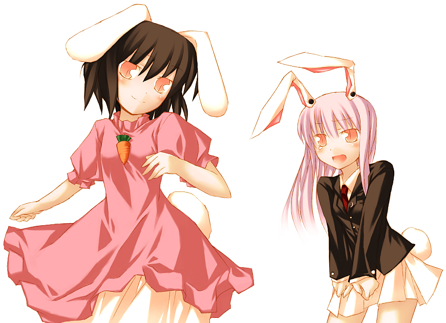 nu (plastic eraser), inaba tewi, reisen udongein inaba, touhou, light purple hair, 2girls, animal ears, brown eyes, carrot necklace, cowboy shot, dress, female focus, formal clothes, jewelry, long sleeves, looking at viewer, multiple girls, necklace, pink dress, pleated skirt, puffy short sleeves, puffy sleeves, rabbit ears, rabbit girl, rabbit tail, red eyes, short sleeves, simple background, skirt, suit, tail, white background, white skirt