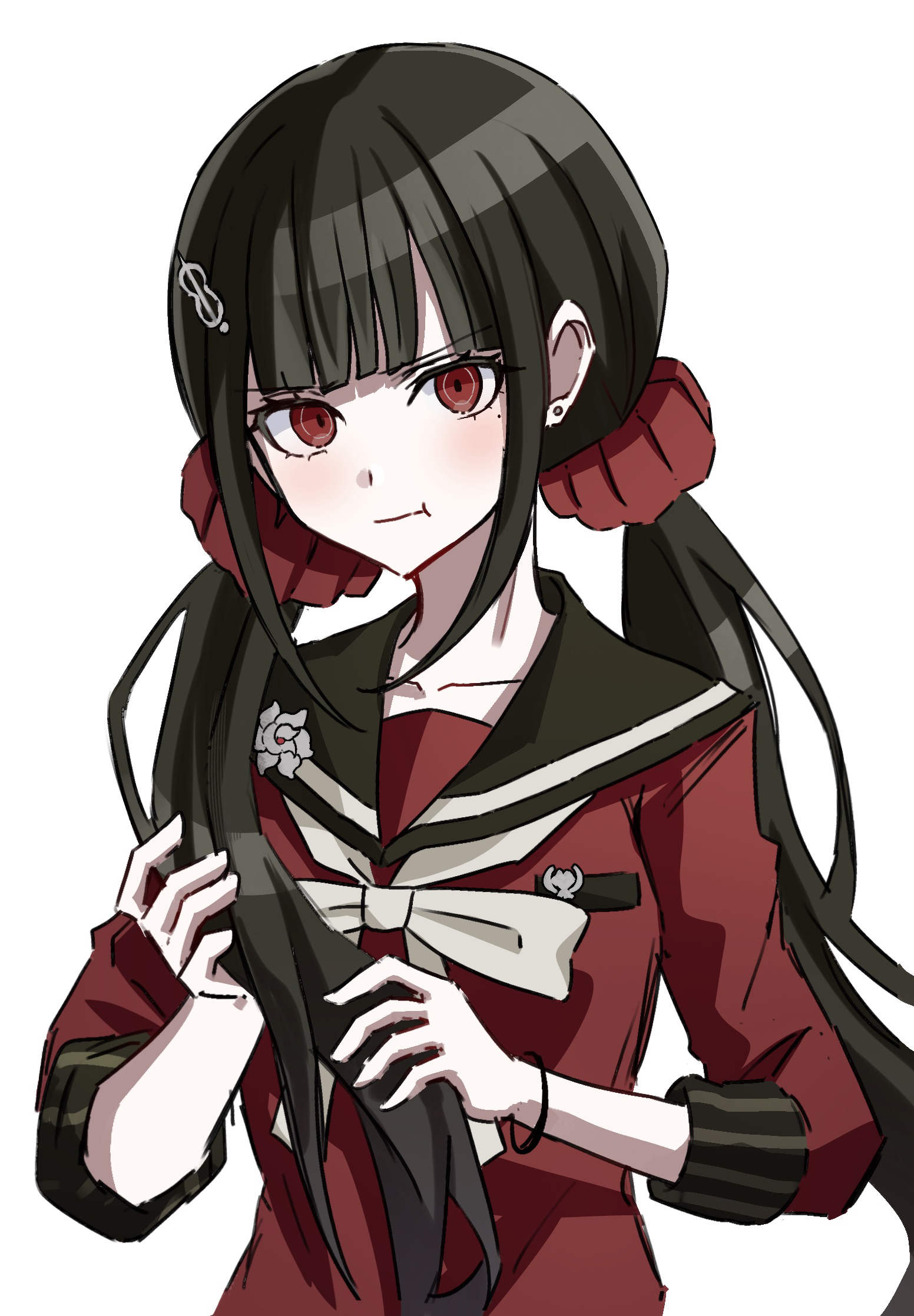 rishaku (user cuwx8758), harukawa maki, danganronpa (series), danganronpa v3: killing harmony, highres, 1girl, brown hair, brown sailor collar, hair ornament, hairclip, long hair, long sleeves, mole, mole under eye, pout, red eyes, red shirt, sailor collar, shirt, simple background, solo, upper body, white background