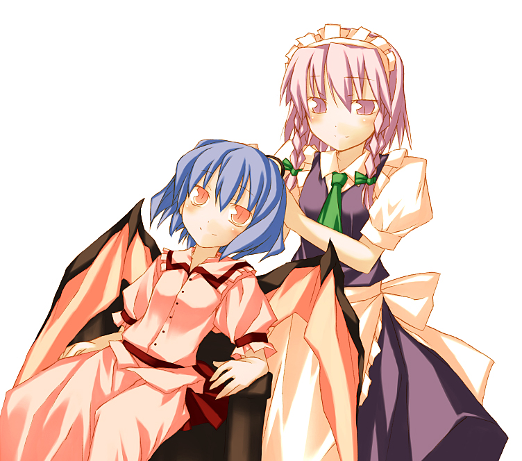 nu (plastic eraser), izayoi sakuya, remilia scarlet, touhou, 2girls, bat wings, blue hair, braid, dress, female focus, maid, multiple girls, purple hair, simple background, skirt, white background, wings
