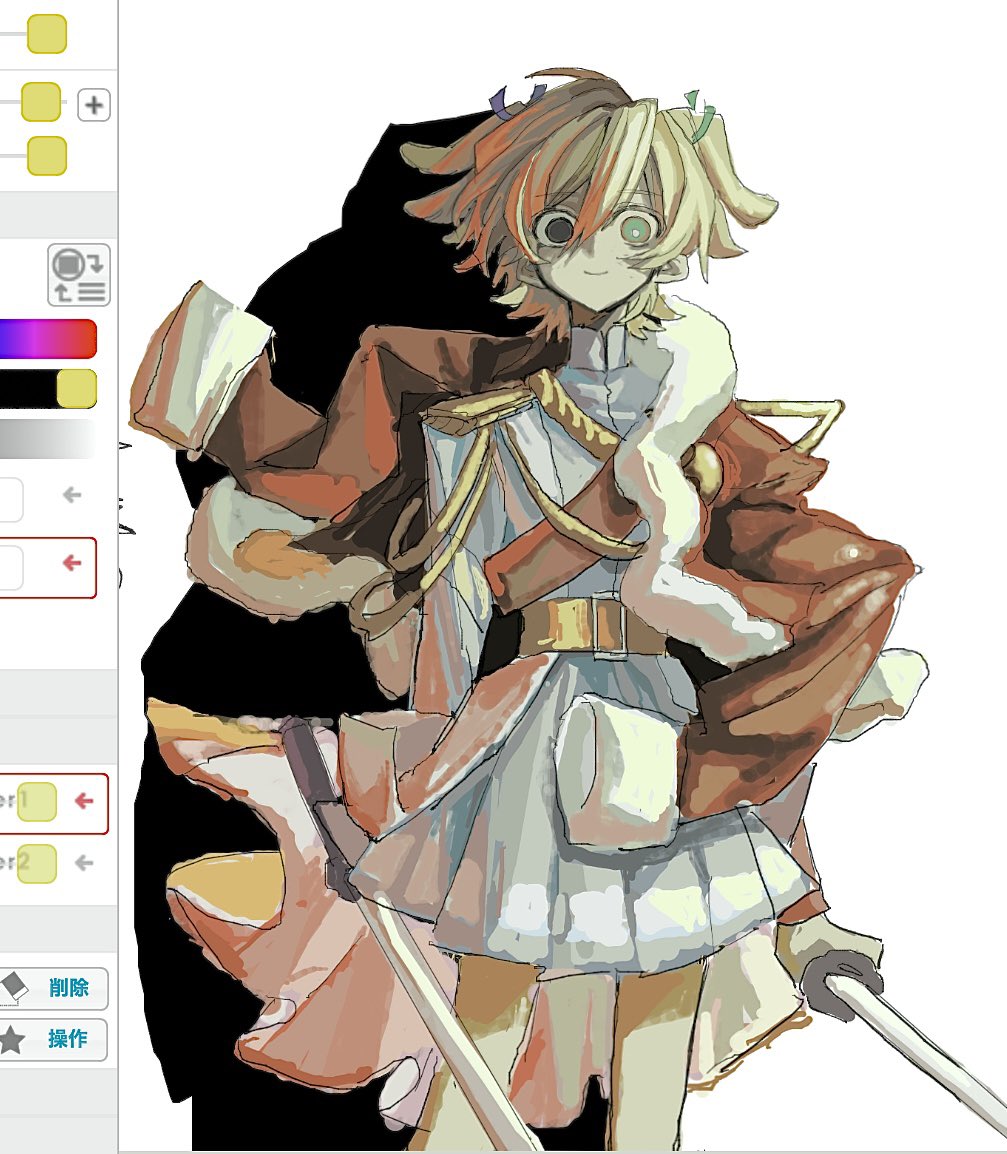 nou 325, daiba nana, shoujo kageki revue starlight, commentary, symbol-only commentary, 1girl, aiguillette, arms at sides, art program in frame, belt buckle, blonde hair, blue ribbon, buckle, closed mouth, cowboy shot, dual wielding, epaulettes, fur-trimmed jacket, fur trim, gold belt, green eyes, green ribbon, grey skirt, hair between eyes, hair ribbon, holding, holding sword, holding weapon, jacket, jacket on shoulders, katana, long sleeves, miniskirt, pleated skirt, red jacket, red sash, red sleeve cuffs, ribbon, sash, shadow, short hair, shoulder sash, single horizontal stripe, sketch, skirt, smile, solo, standing, straight-on, sword, two side up, waist cape, weapon, white background, white jacket, white sleeve cuffs, wide-eyed