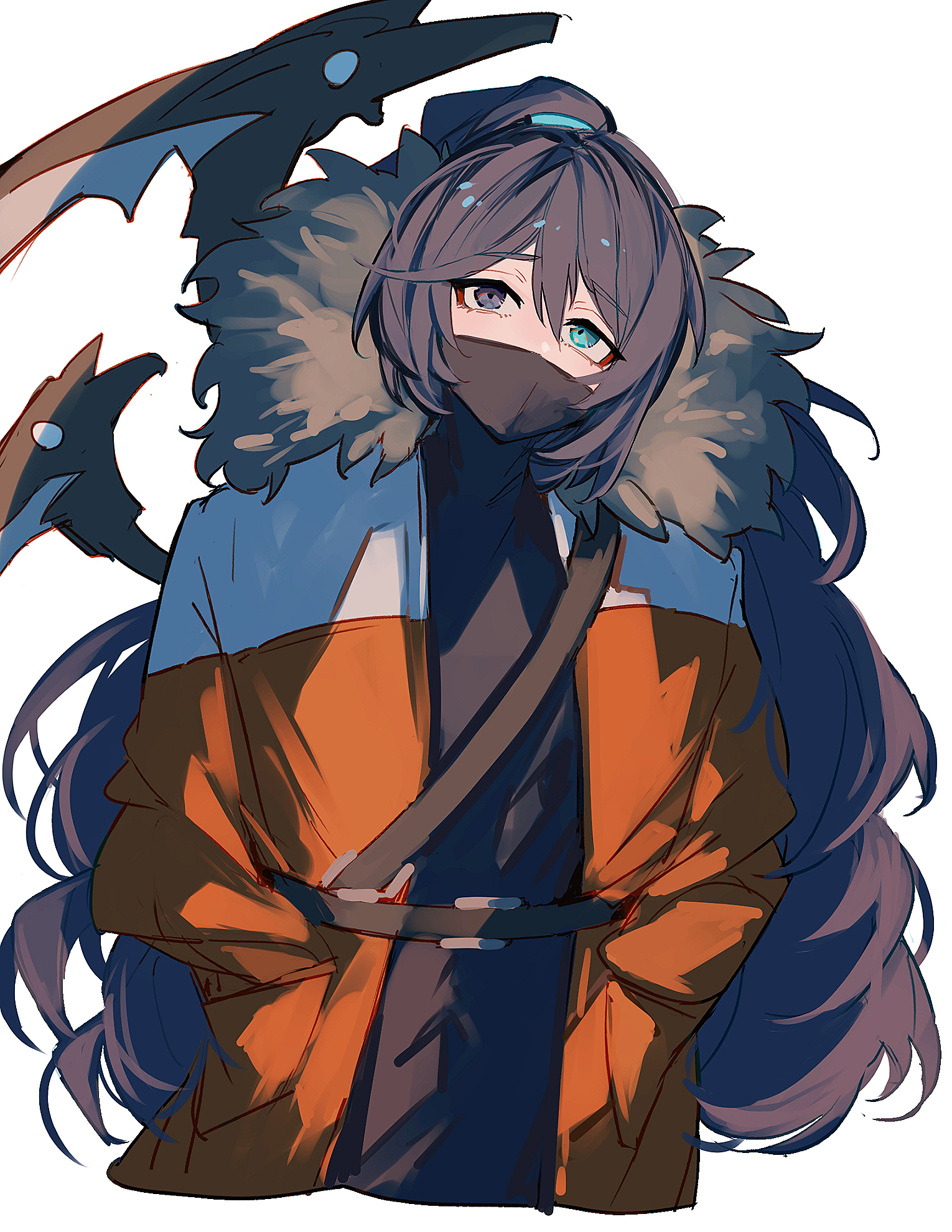 nakame77, hong lu (project moon), limbus company, project moon, highres, 1boy, aqua eyes, black eyes, black hair, black shirt, fur-trimmed jacket, fur trim, heterochromia, hook office (identity) (project moon), jacket, long hair, long sleeves, looking at viewer, male focus, mask, mouth mask, orange jacket, ponytail, shirt, simple background, solo, standing, upper body, very long hair, white background