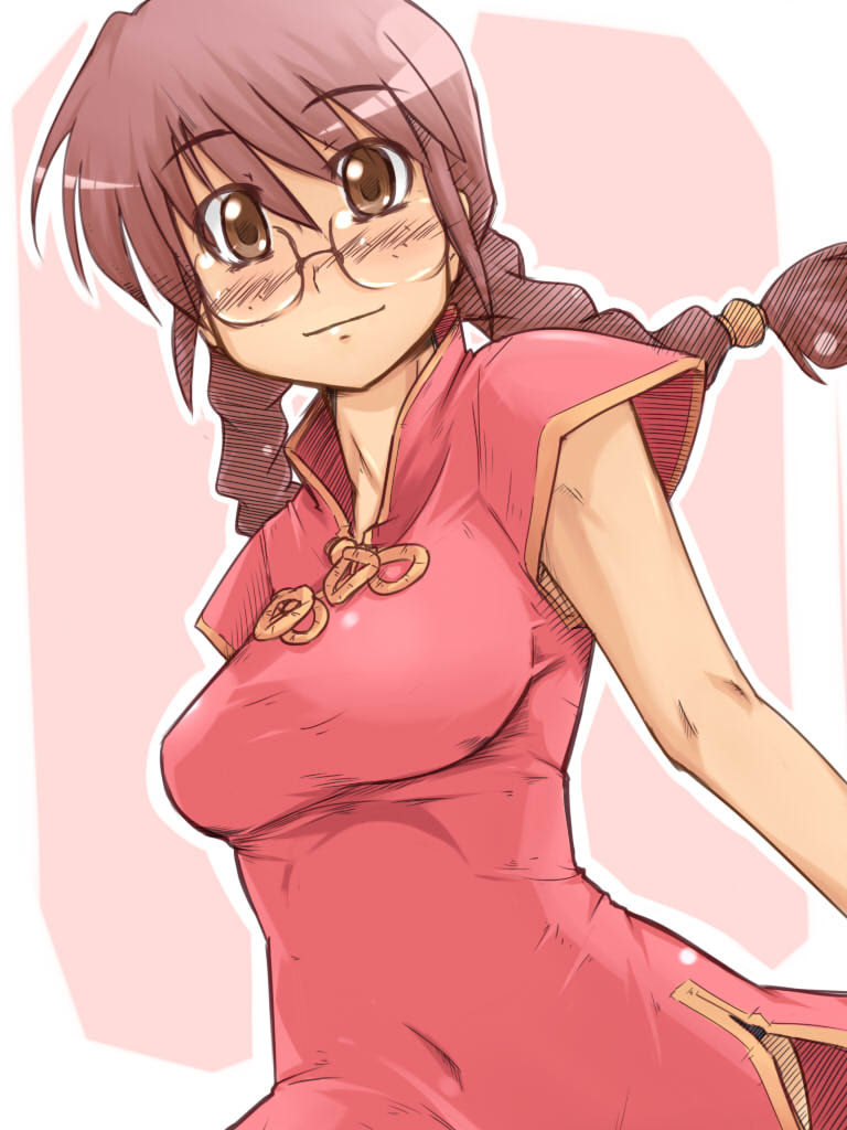 xo160, ri kouran, sakura taisen, 00s, 1girl, braid, brown eyes, brown hair, china dress, chinese clothes, dress, female focus, freckles, glasses, long hair, purple hair, round eyewear, smile, solo, twin braids