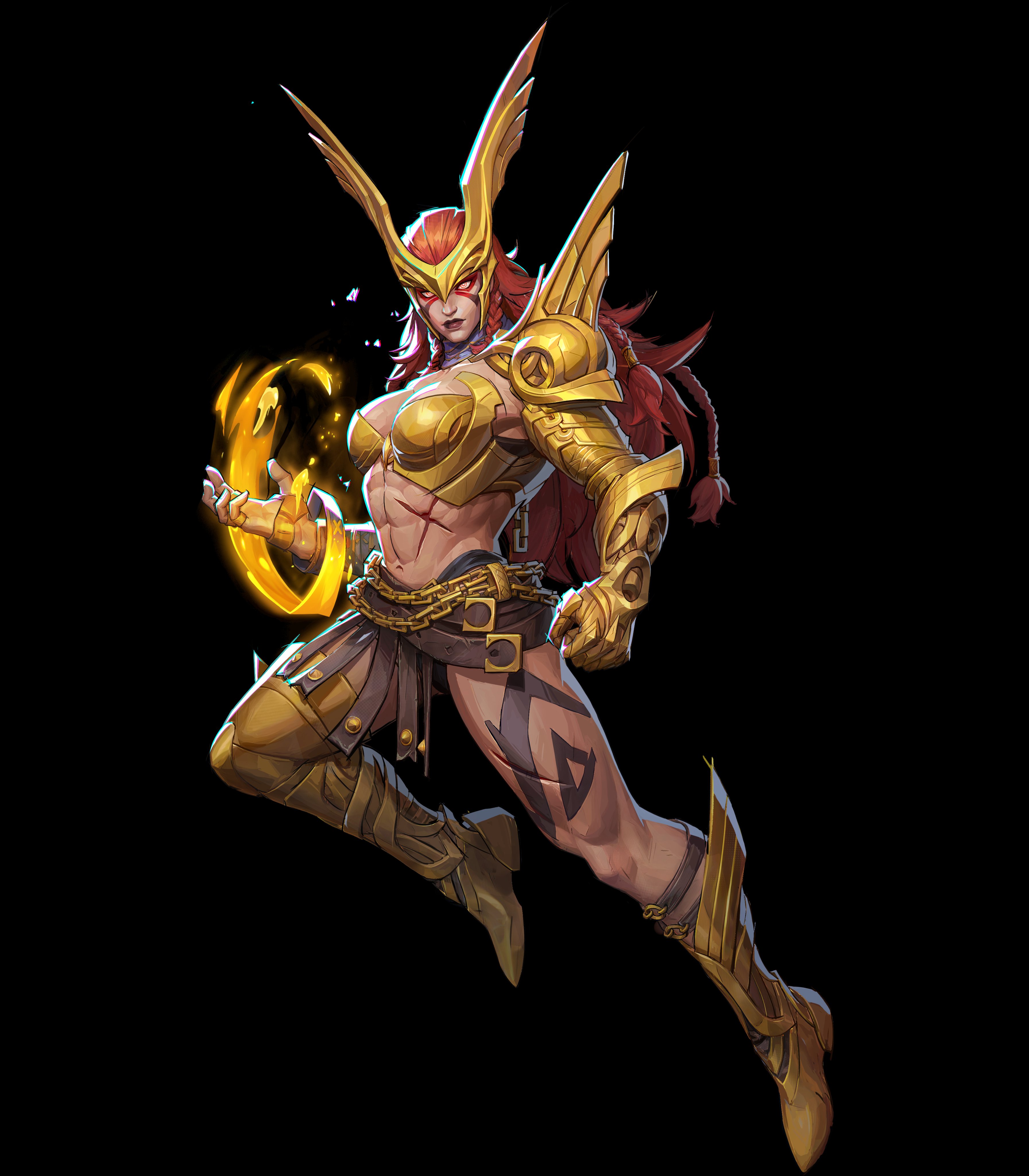 marvel, marvel rivals, absurdres, highres, official art, 1girl, angela (marvel), armor, boots, breasts, cleavage, female focus, full body, glowing, glowing eyes, lips, long hair, looking at viewer, medium breasts, muscular, muscular female, red hair, scar, solo, tattoo, thick thighs, thighs