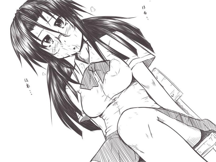 xo160, azuma satori, bamboo blade, 00s, blush, cum, cum on body, facial, glasses, greyscale, long hair, monochrome, school uniform, serafuku, sitting, solo