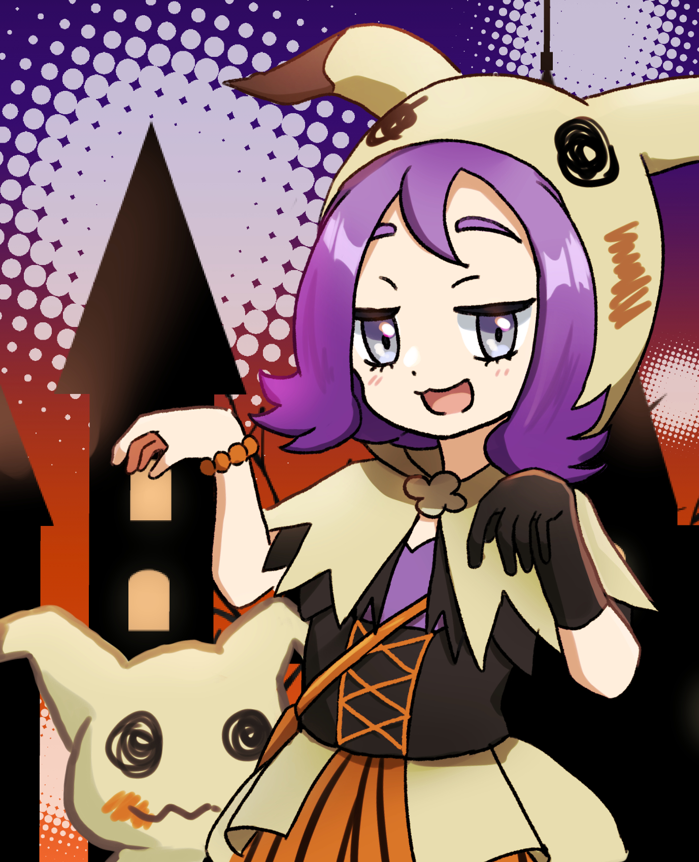 yyukisnow, acerola (fall 2020) (pokemon), acerola (pokemon), mimikyu, nintendo, pokemon, pokemon masters ex, commentary request, highres, 1girl, :3, :d, bag, bead bracelet, beads, bracelet, capelet, eyelashes, gen 7 pokemon, gloves, grey eyes, halloween costume, hands up, happy, hood, hood up, hooded capelet, jewelry, jitome, light blush, official alternate costume, open mouth, orange bag, pokemon (creature), purple hair, sash, shoulder bag, single glove, smile, yellow capelet